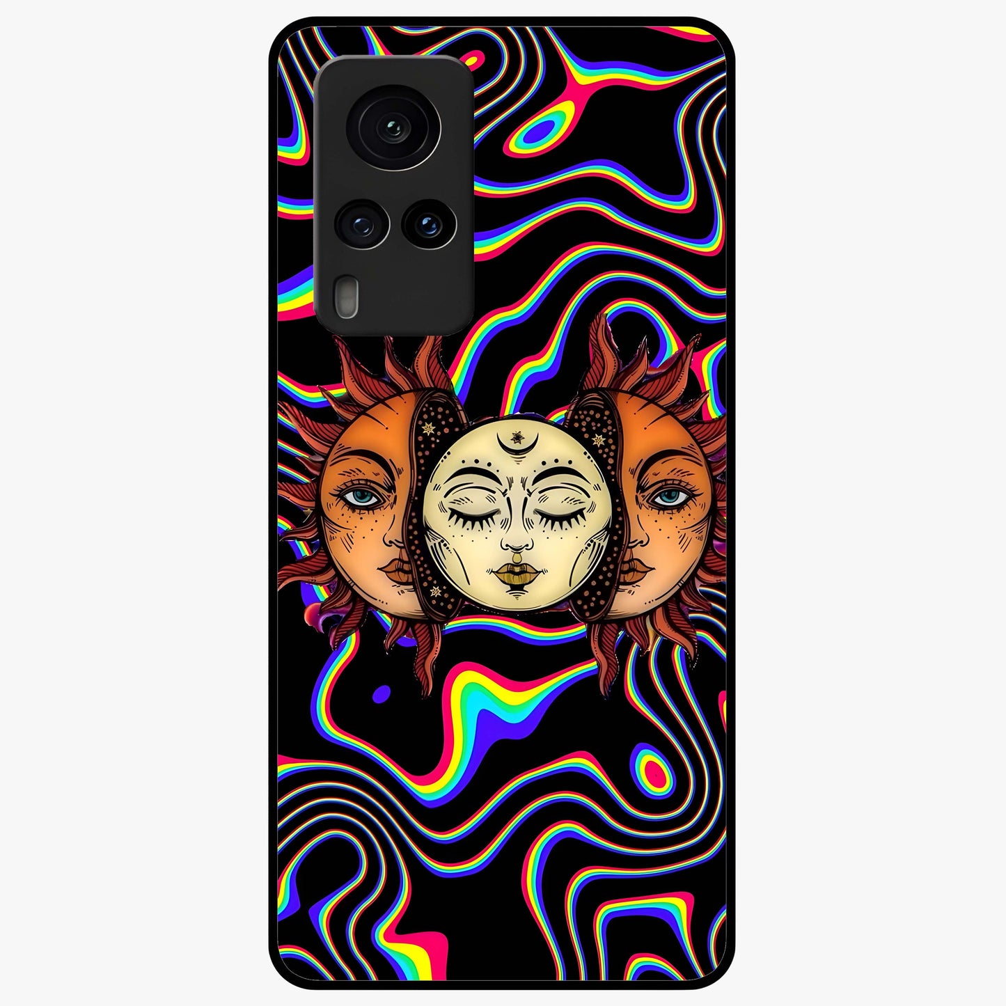 Psychedelic Sun Glass Case showing flat back view with colorful psychedelic sun artwork and glossy glass finish.