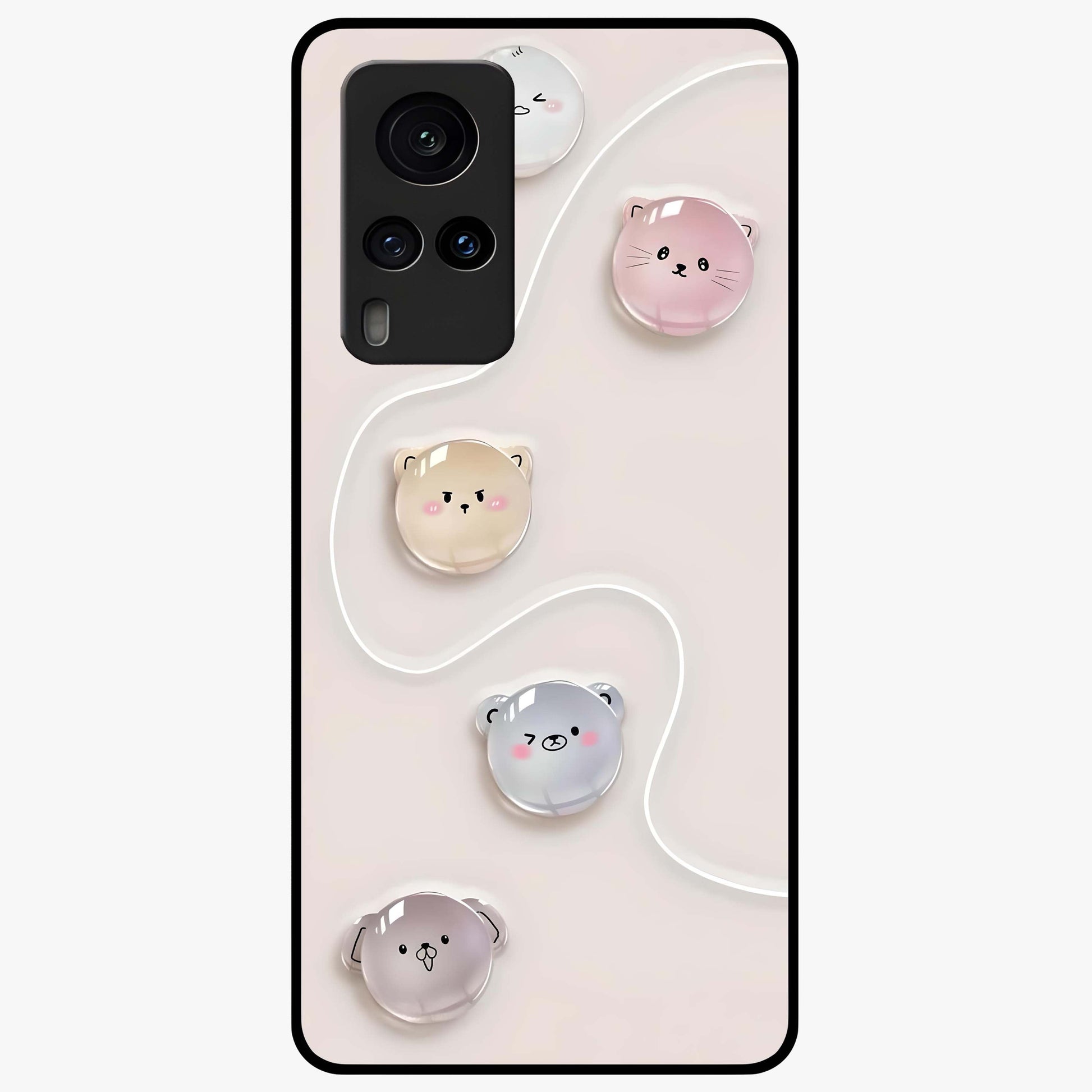 Puffy Face Parade Glass Case showing flat back view with cute puffy character faces artwork and glossy glass finish.