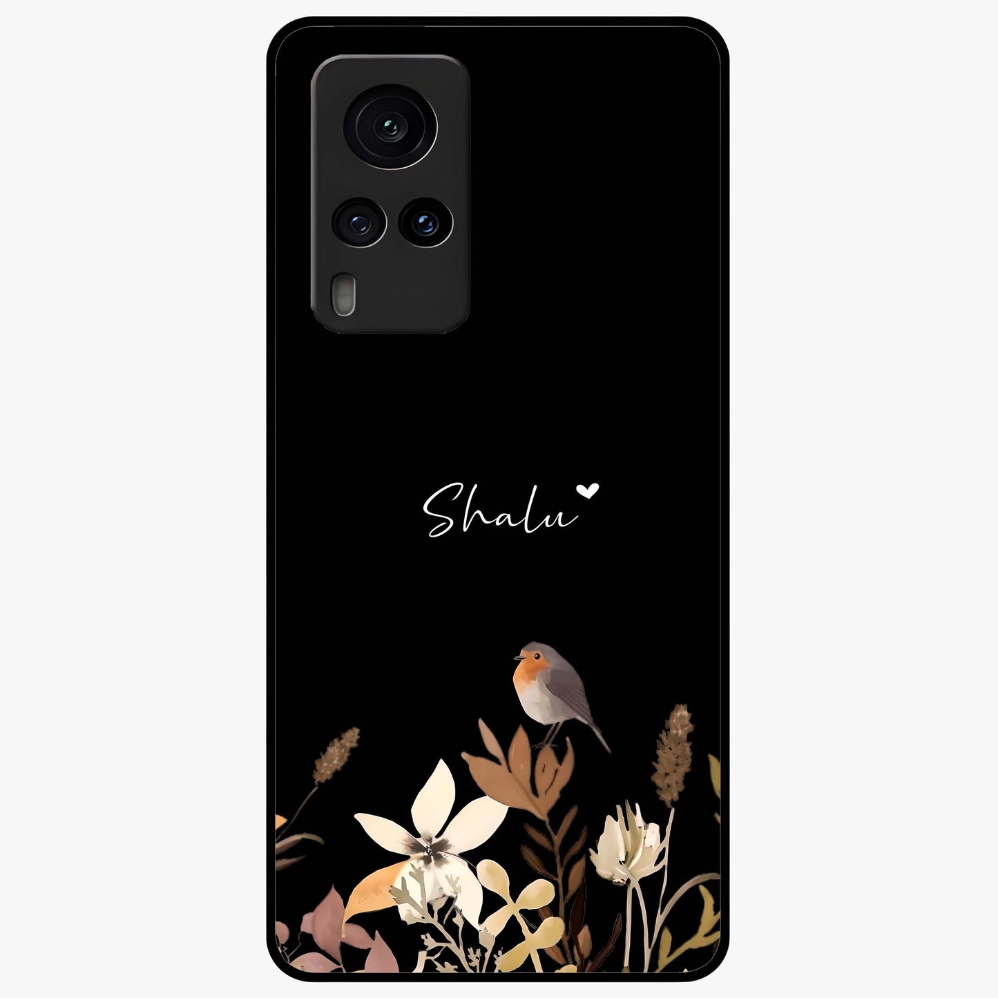Quiet Garden Tune Custom Name Glass Case showing flat back view with peaceful garden artwork and personalized name design.