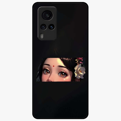 Radha Divine Embrace Glass Case showing flat back view with devotional Radha artwork and glossy glass finish.