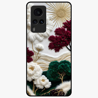 Radiant Bloom Elegance Glass Case showing flat back view with elegant blooming flower artwork and glossy glass finish.