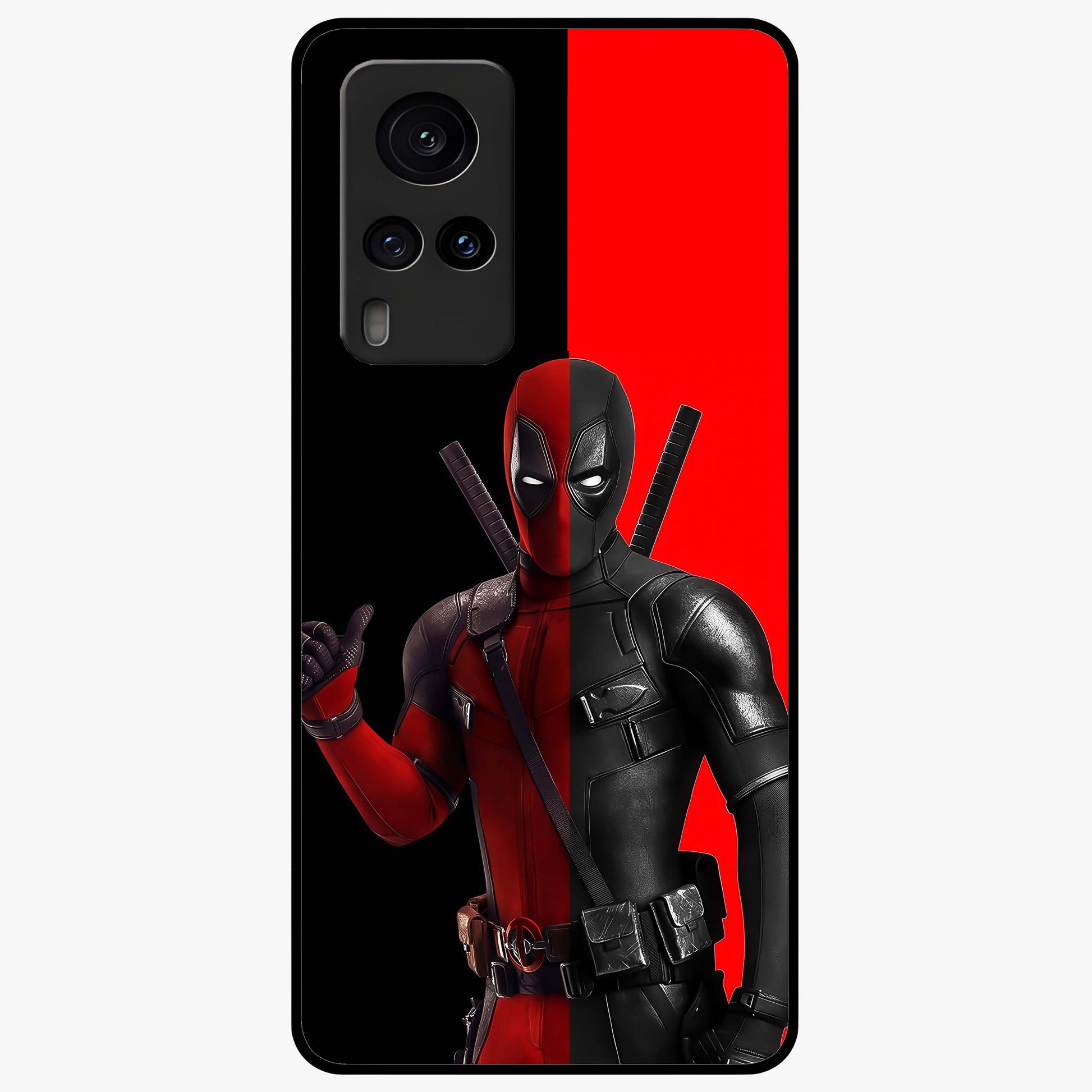 Red & Black Deadpool Theme Glass Case showing flat back view with bold comic inspired artwork and glossy glass finish.