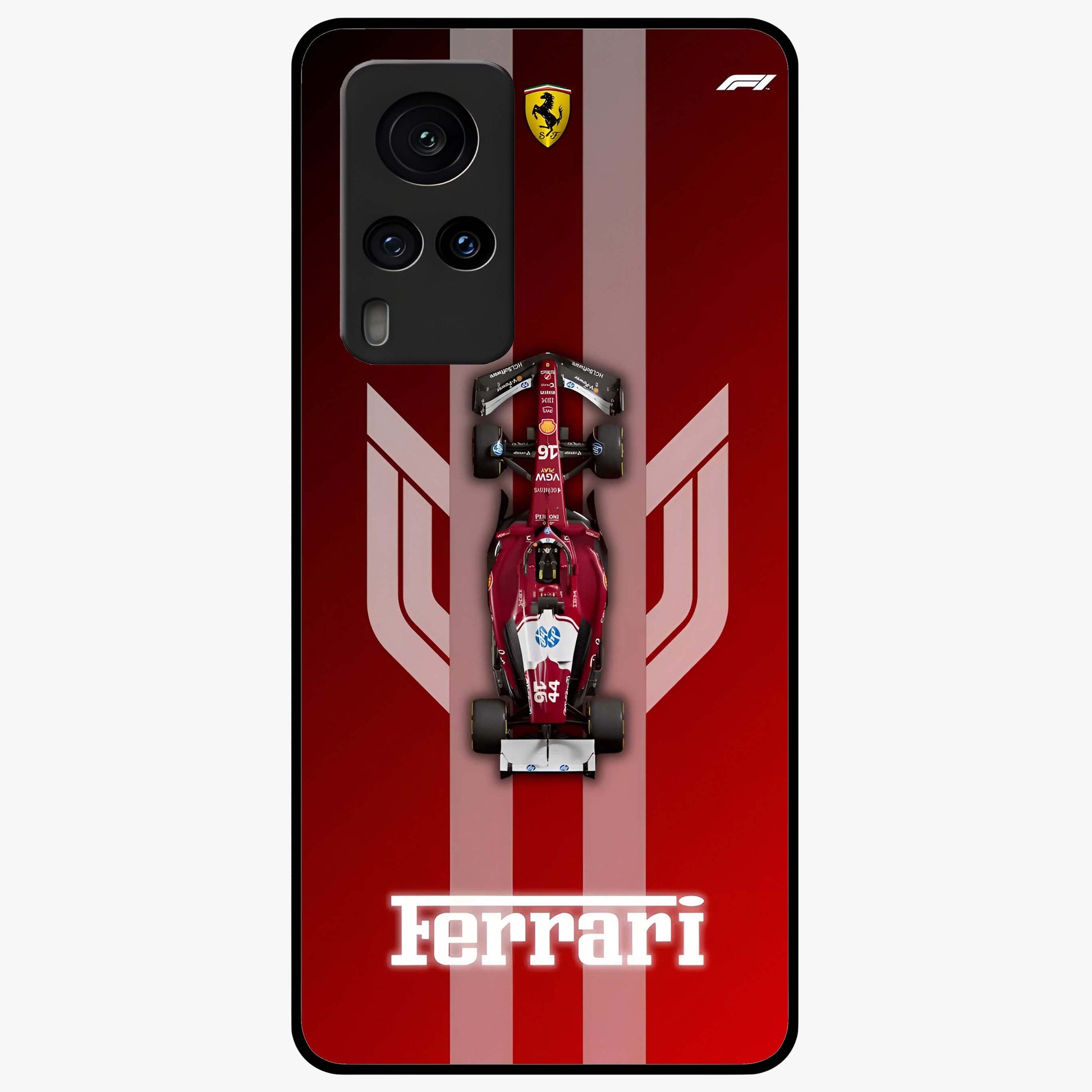 Red Ferrari F1 Vertical Glass Case showing flat back view with sleek Formula racing car artwork and glossy glass finish.