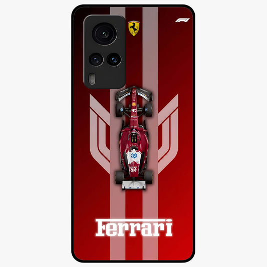 Red Ferrari F1 Vertical Glass Case showing flat back view with sleek Formula racing car artwork and glossy glass finish.