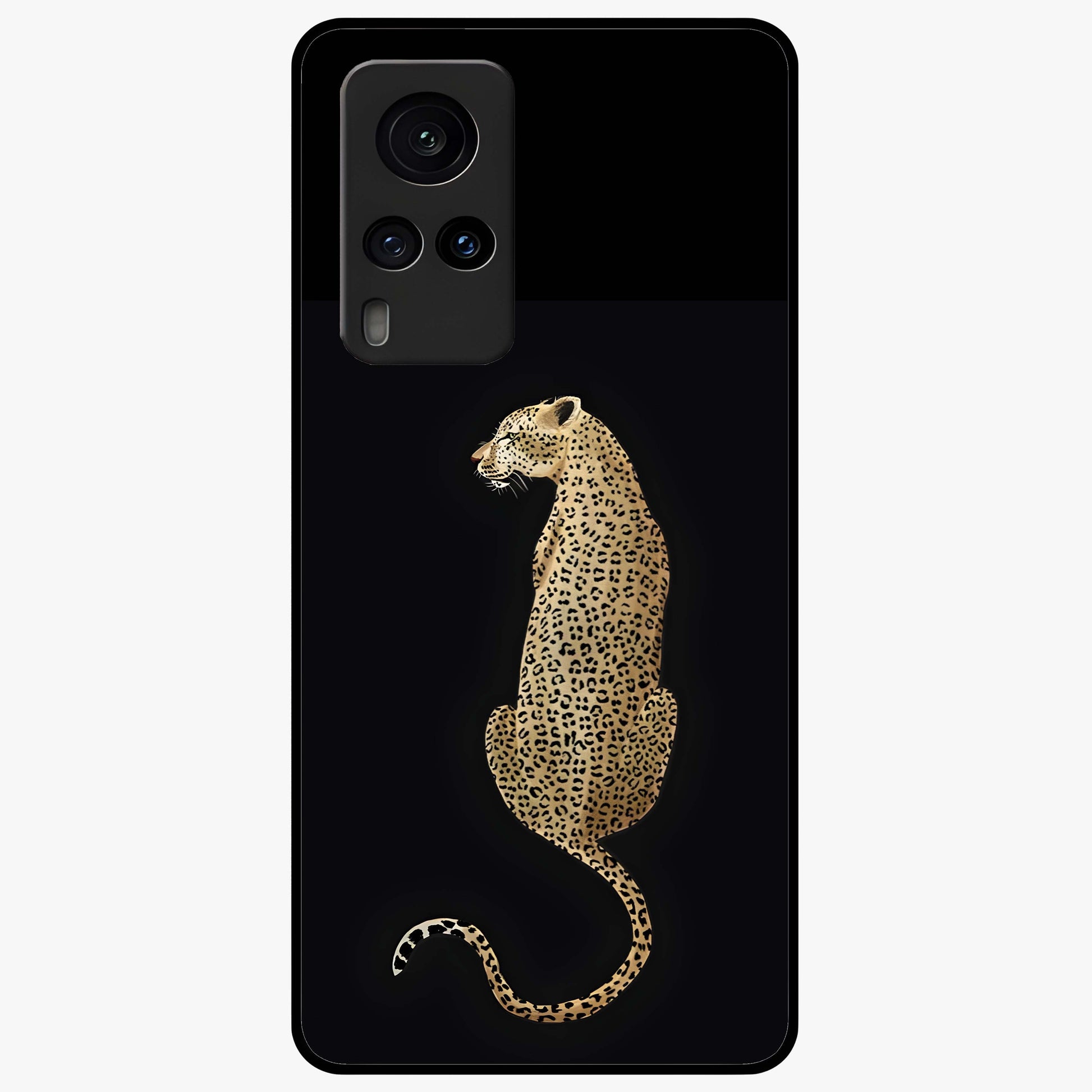 Regal Leopard Glass Case showing flat back view with bold leopard artwork and glossy glass finish.