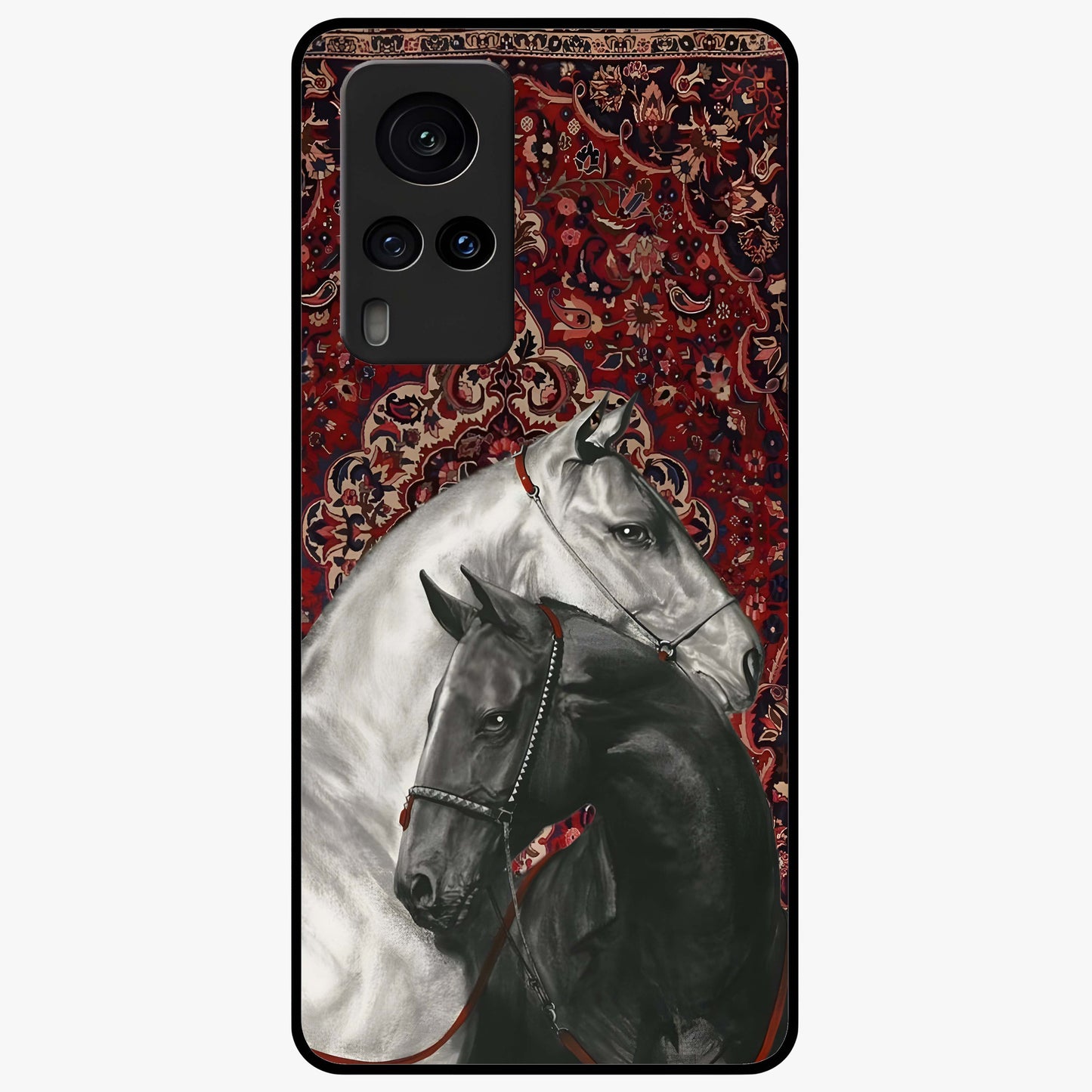 Regal Stallion Tapestry Glass Case showing flat back view with majestic horse tapestry artwork and glossy glass finish.