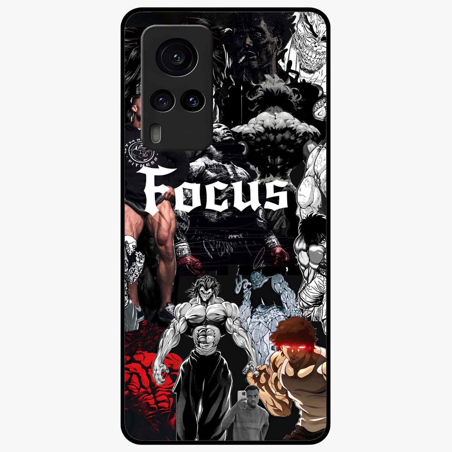 Relentless Power Focus Glass Case showing flat back view with motivational typography artwork and glossy glass finish.