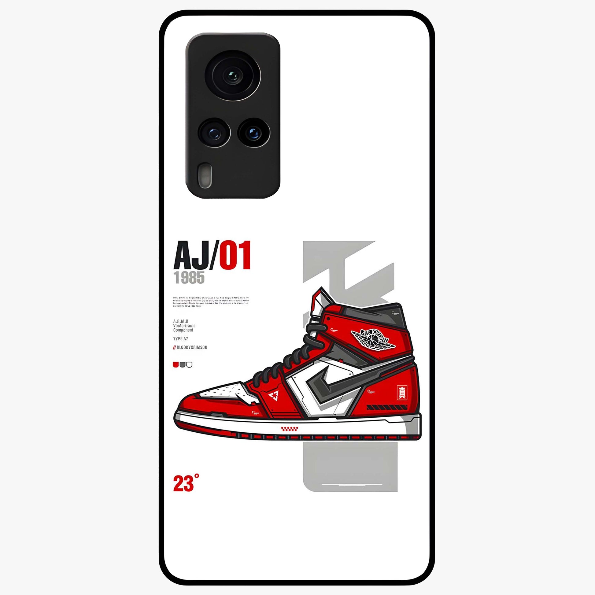 Retro Sneaker Blueprint Glass Case showing flat back view with sneaker blueprint style artwork and glossy glass finish.