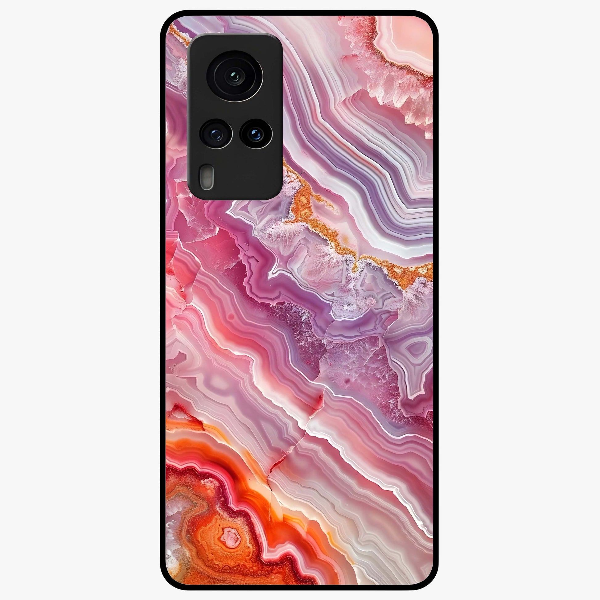 Rose Quartz Marble Glass Case showing flat back view with pink marble quartz texture artwork and glossy glass finish.