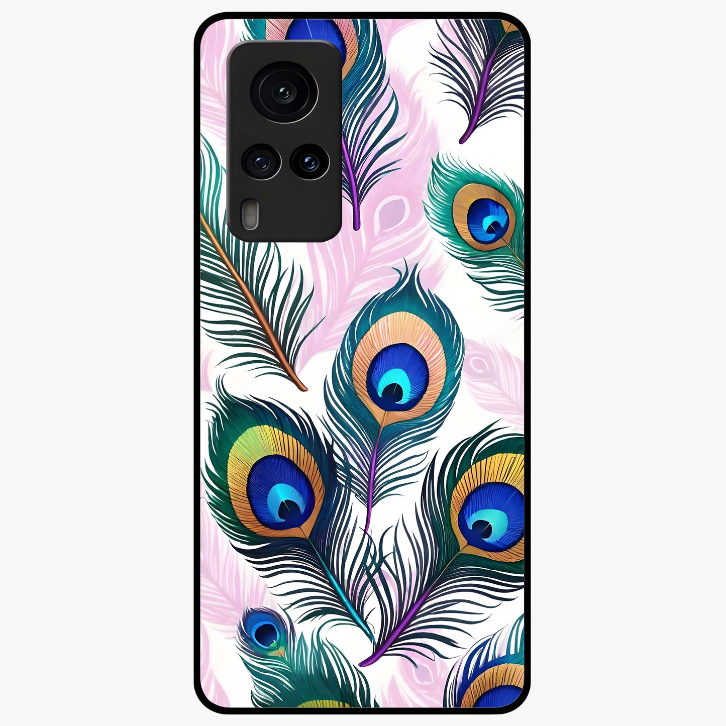 Royal Peacock Feathers Glass Case showing flat back view with colorful peacock feather artwork and glossy glass finish.