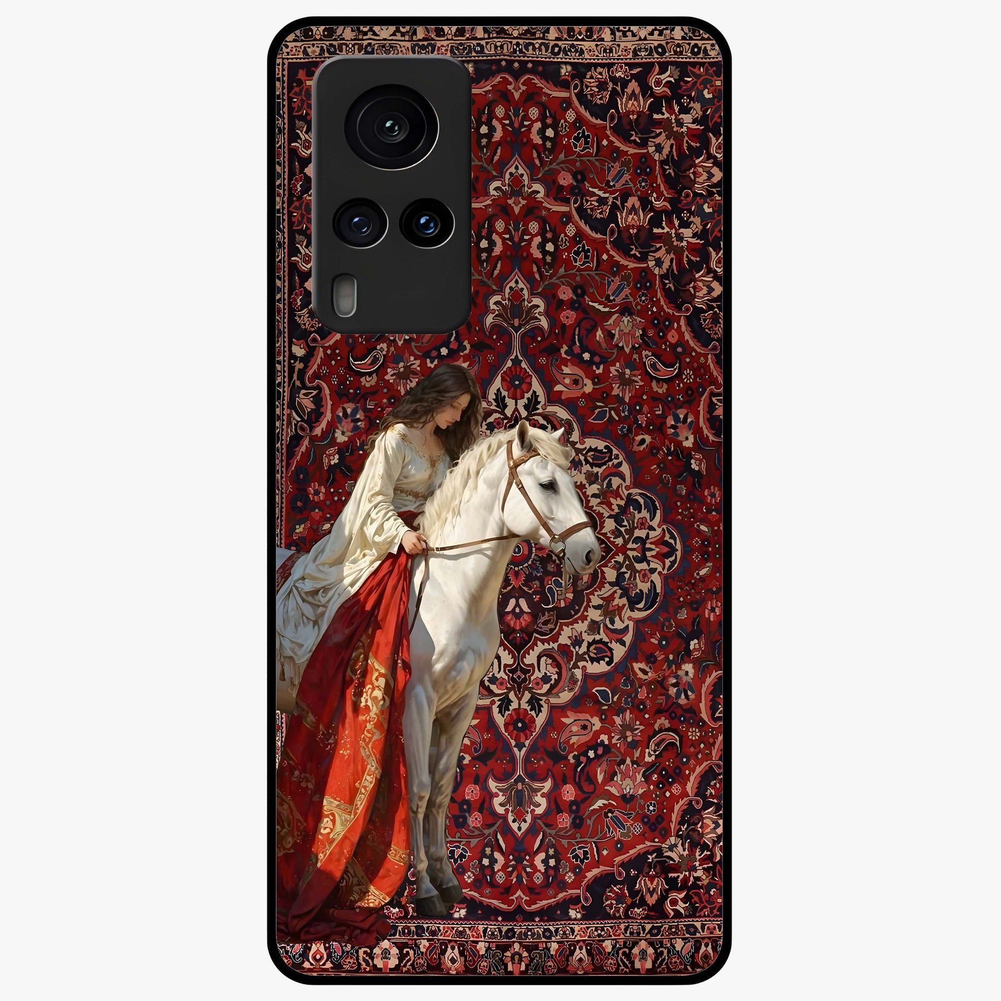 Royal Rider Tapestry Glass Case showing flat back view with majestic horse rider tapestry artwork and glossy glass finish.
