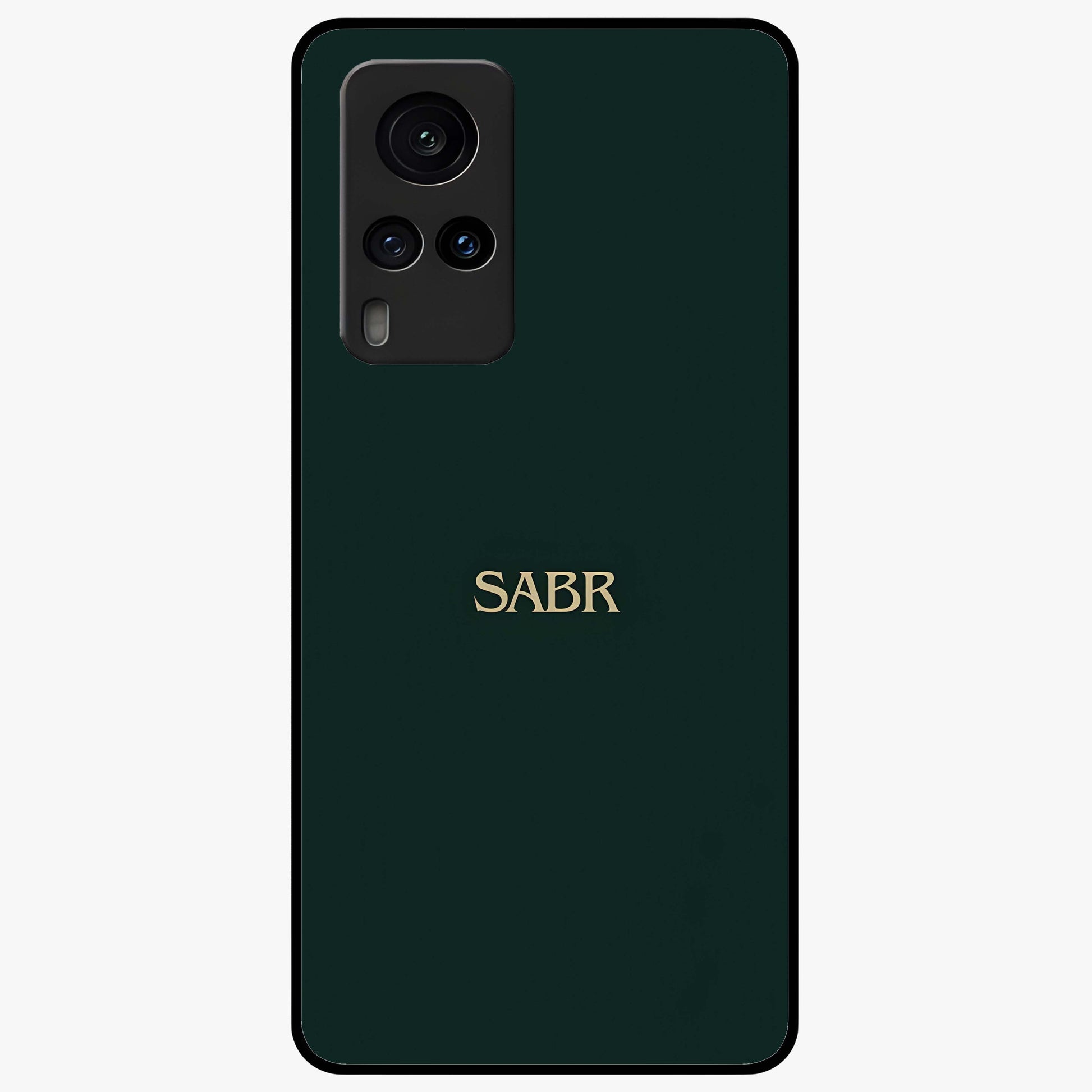 Sabr Minimal Patience Glass Case showing flat back view with minimalist typography artwork and glossy glass finish.