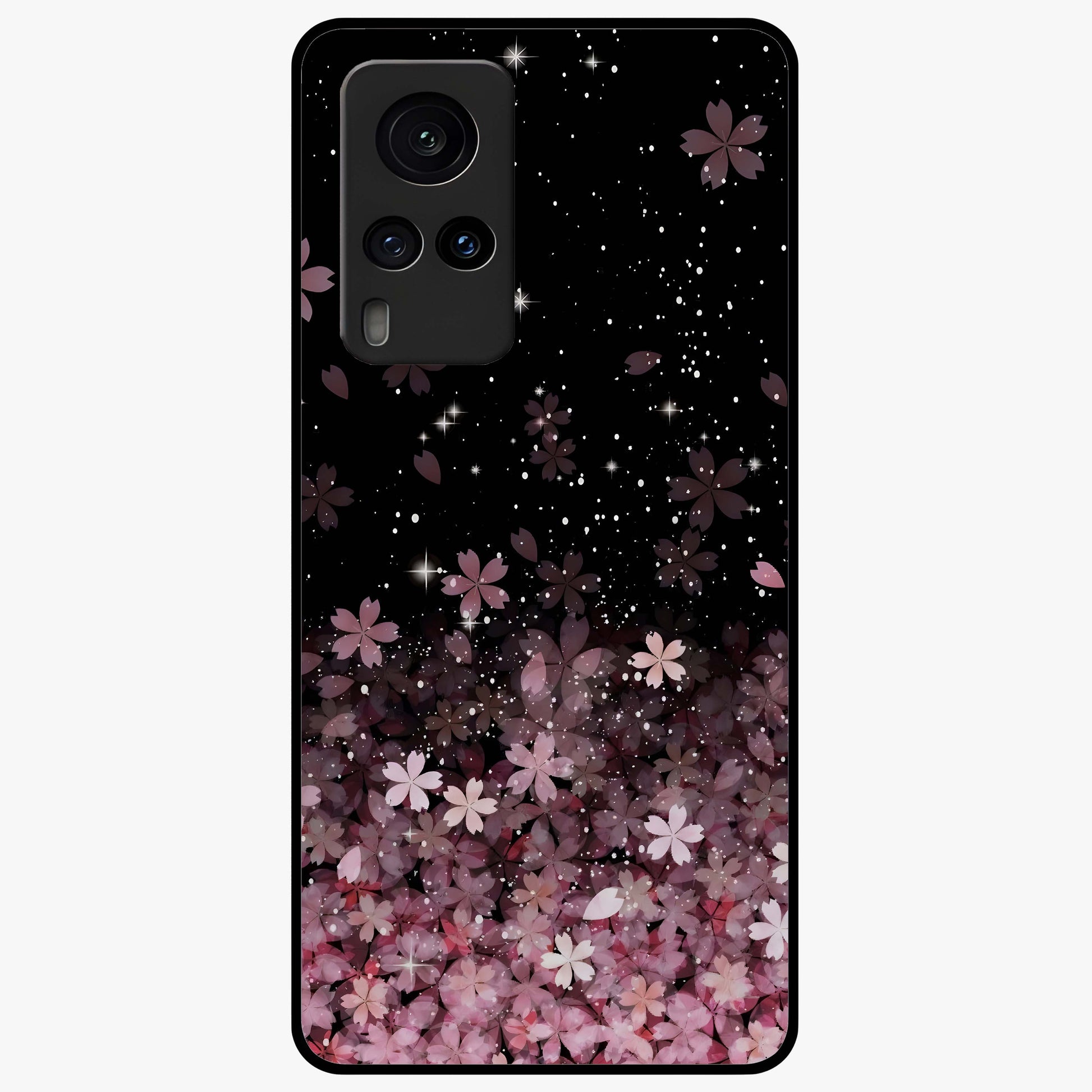 Small Starry Flowers Glass Case showing flat back view with delicate starry floral artwork and glossy glass finish.