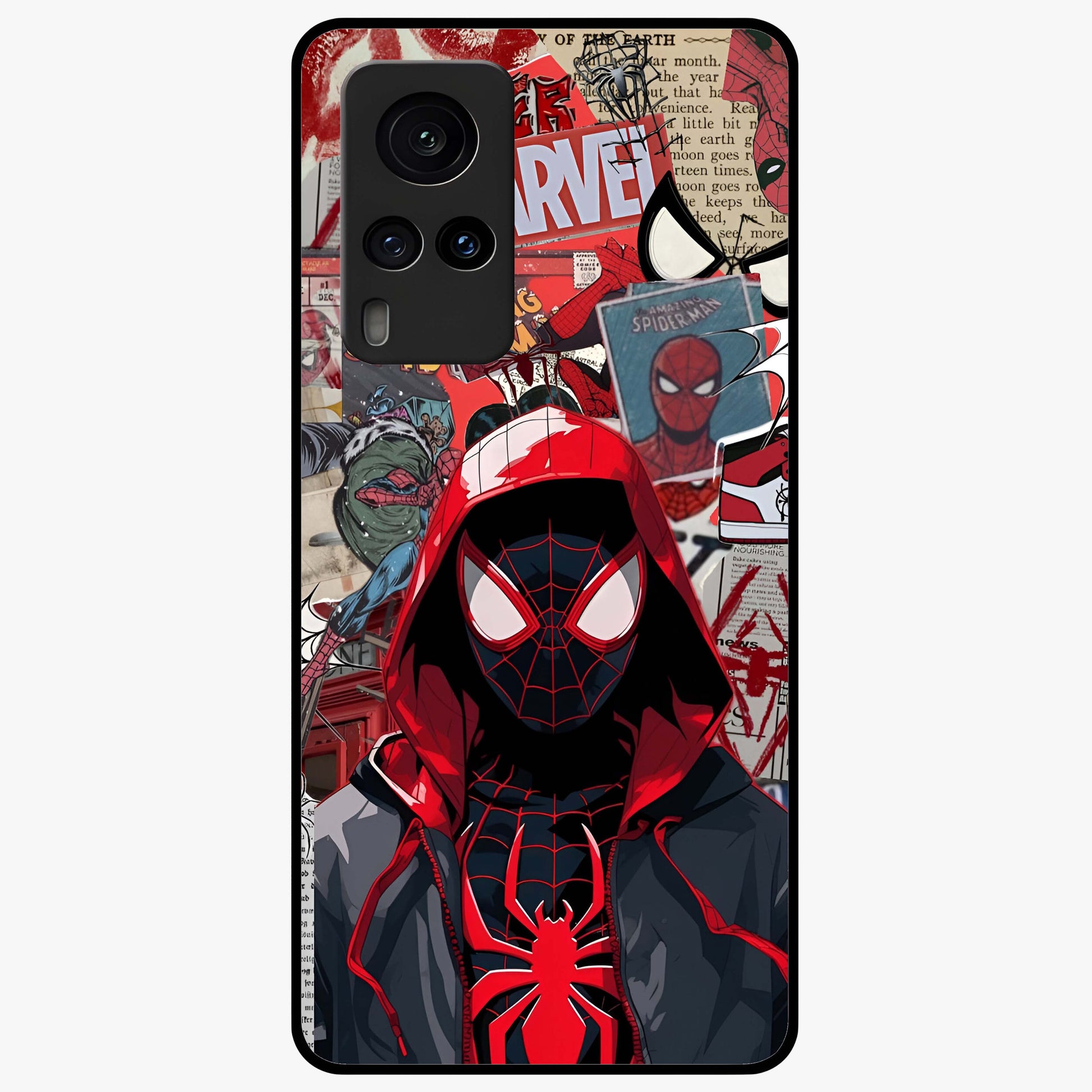 Spider Collage Street Glass Case showing flat back view with vibrant superhero collage artwork and glossy glass finish.