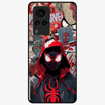 Spider Collage Street Glass Case showing flat back view with vibrant superhero collage artwork and glossy glass finish.
