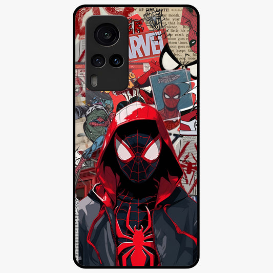 Spider Collage Street Glass Case showing flat back view with vibrant superhero collage artwork and glossy glass finish.
