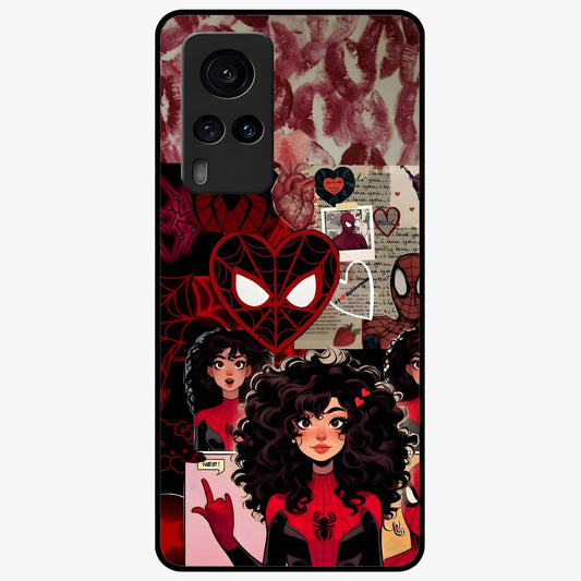 Spider Love Story Glass Case showing flat back view with romantic superhero themed artwork and glossy glass finish.