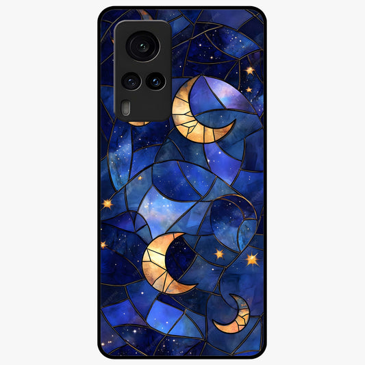 Starlit Sky Tapestry Glass Case showing flat back view with decorative starry sky tapestry artwork and glossy glass finish.