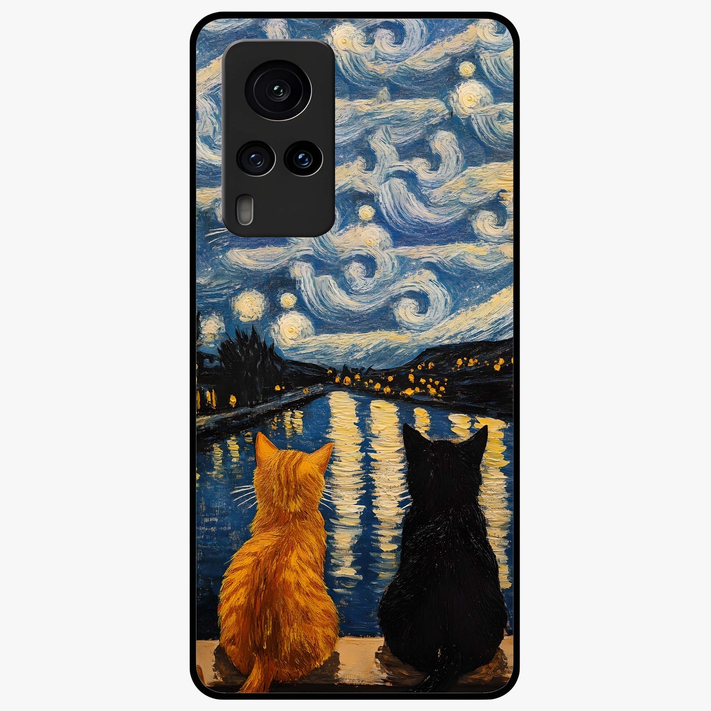 Starry River Cats Glass Case showing flat back view with cats by a starry river artwork and glossy glass finish.