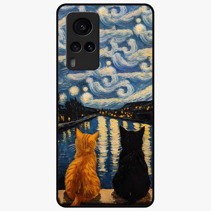 Starry River Cats Glass Case showing flat back view with cats by a starry river artwork and glossy glass finish.
