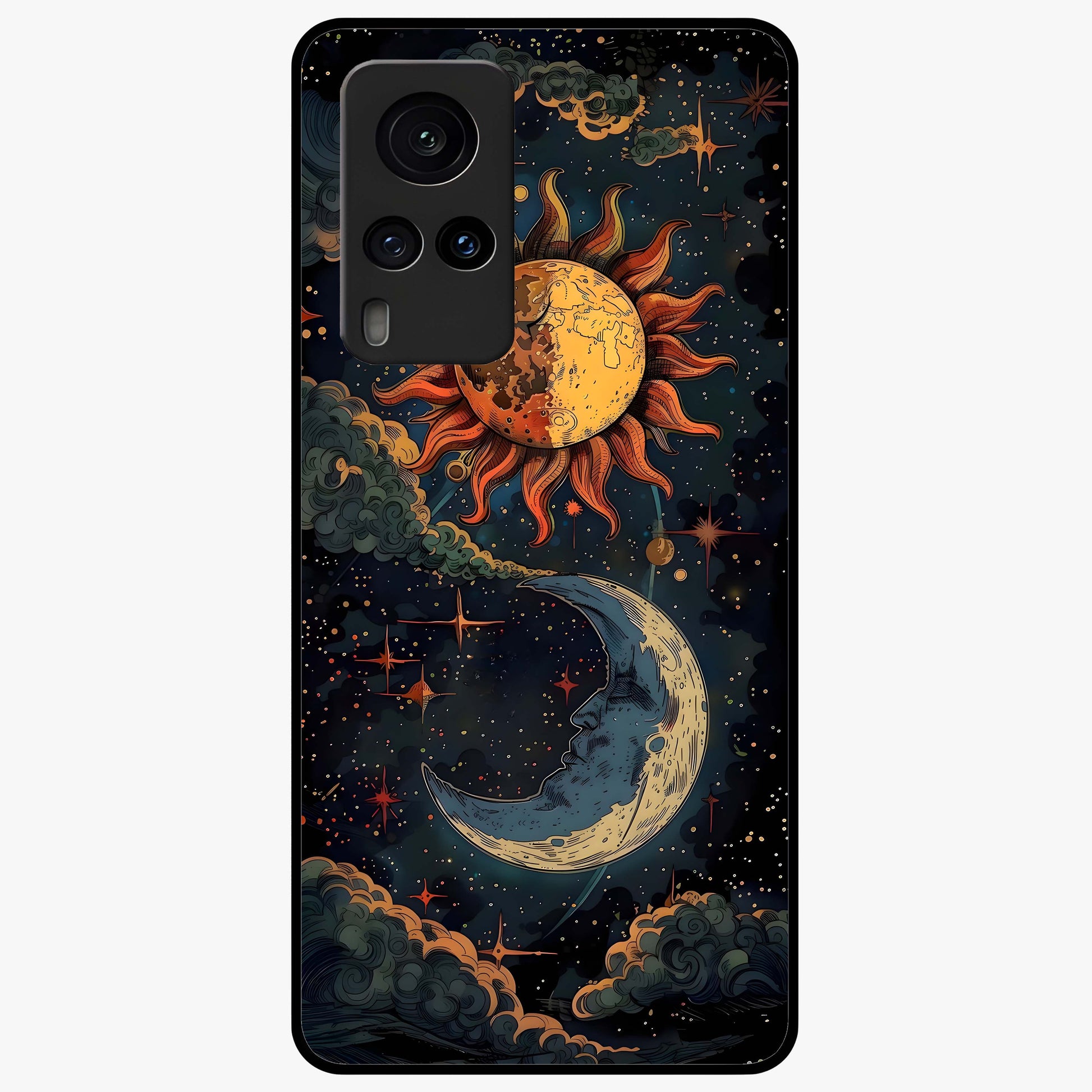 Sun And Moon Magic Design Glass Case showing flat back view with mystical sun and moon artwork and glossy glass finish.