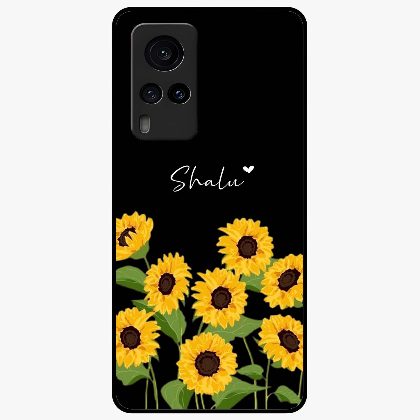 Sunflower Chic Mood Custom Name Glass Case showing flat back view with stylish sunflower artwork and personalized name design.