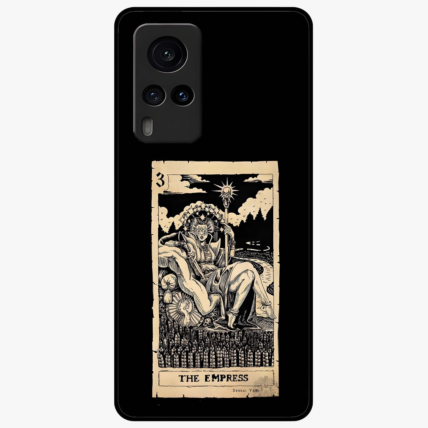 The Empress Glass Case showing flat back view with regal feminine artwork and glossy glass finish.