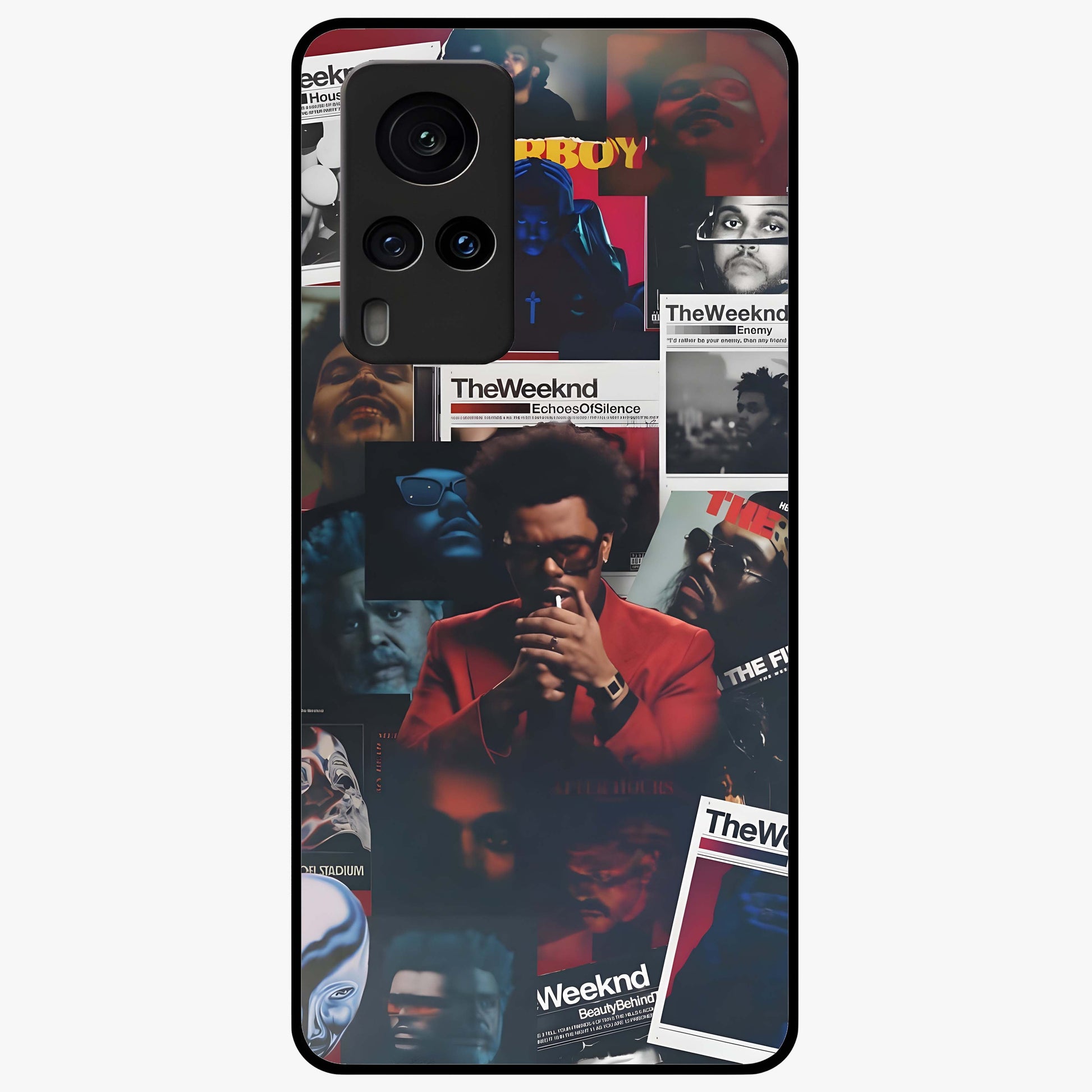 The Weeknd Glass Case showing flat back view with music inspired artistic portrait artwork and glossy glass finish.