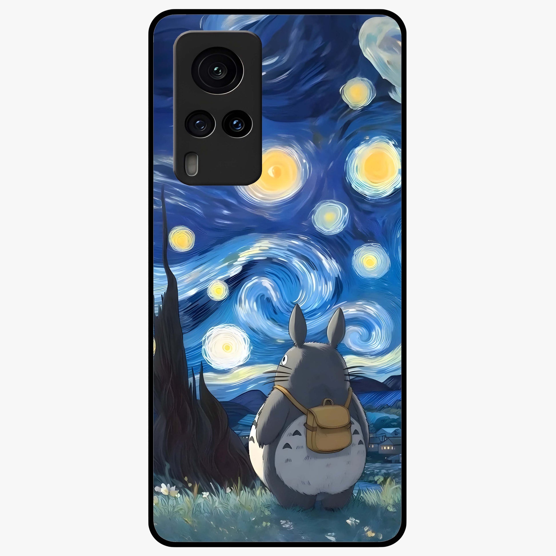 Totoro In Van Gogh Art Glass Case showing flat back view with whimsical character artwork inspired by Van Gogh style and glossy glass finish.