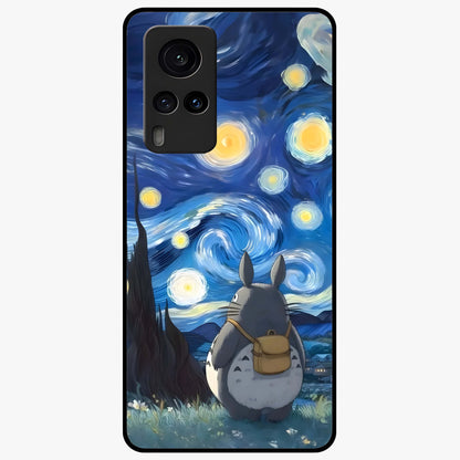 Totoro In Van Gogh Art Glass Case showing flat back view with whimsical character artwork inspired by Van Gogh style and glossy glass finish.