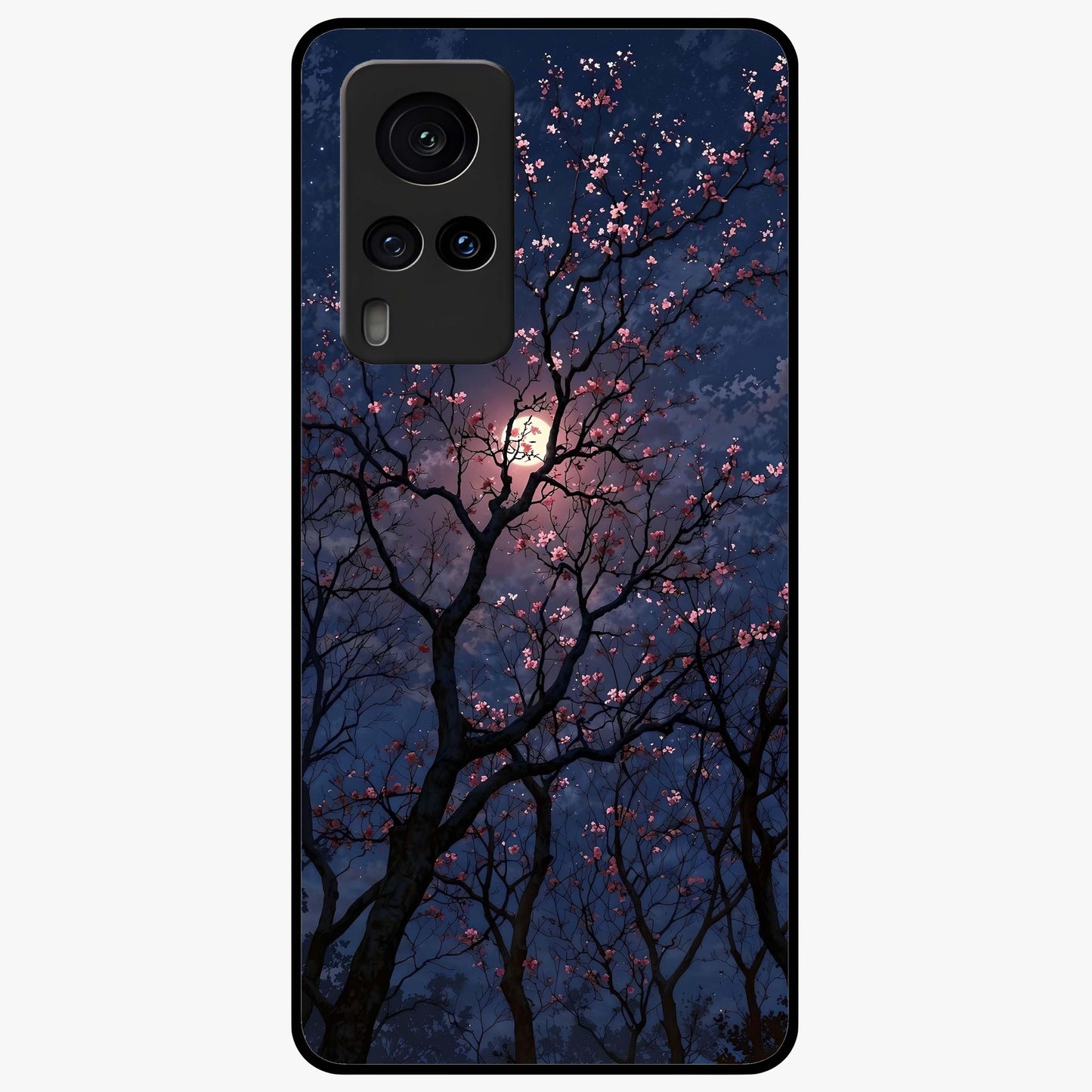 Twilight Sakura Serenade Glass Case showing flat back view with cherry blossom artwork at twilight and glossy glass finish.