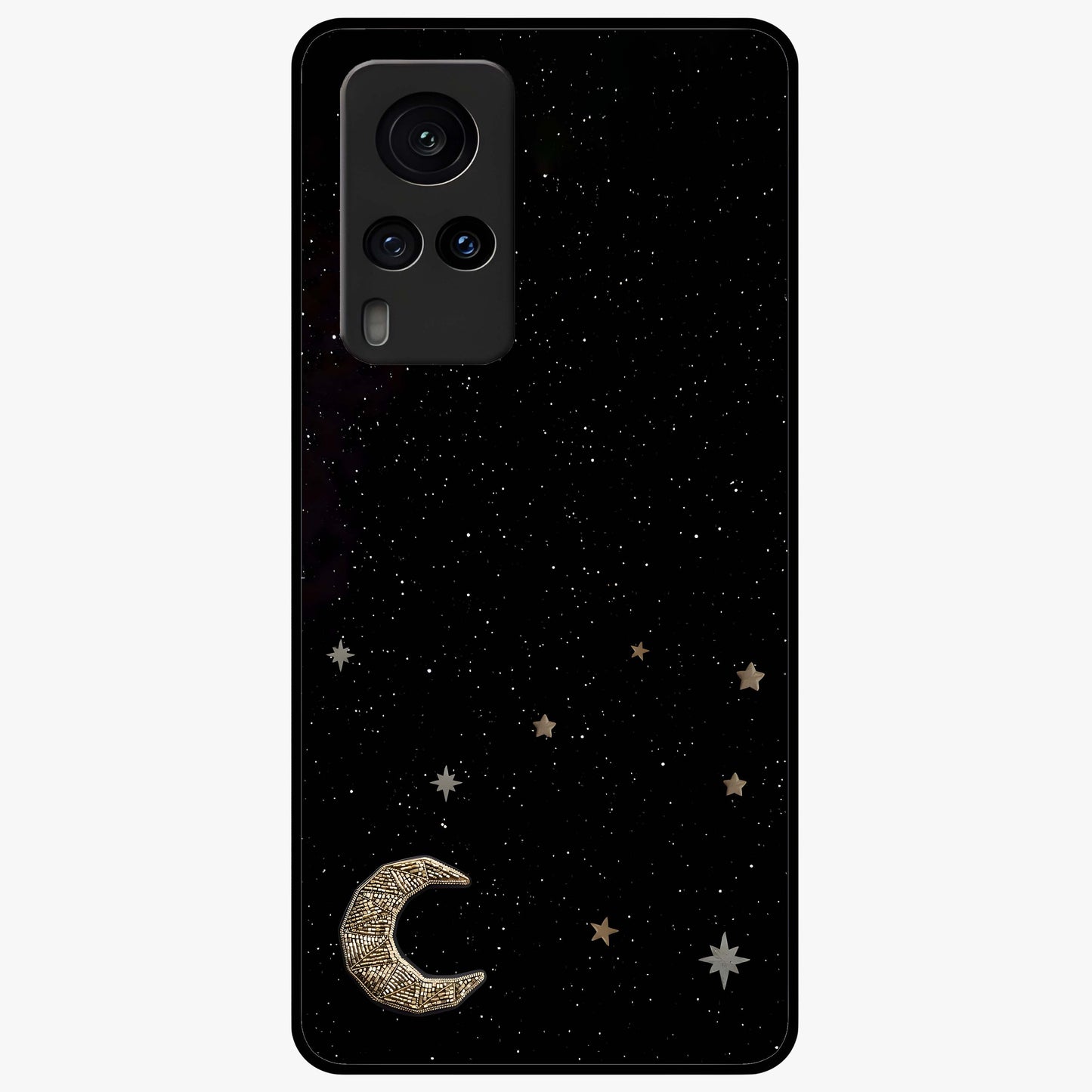 Twinkle Star With Half Moon Glass Case showing flat back view with star and half moon artwork and glossy glass finish.