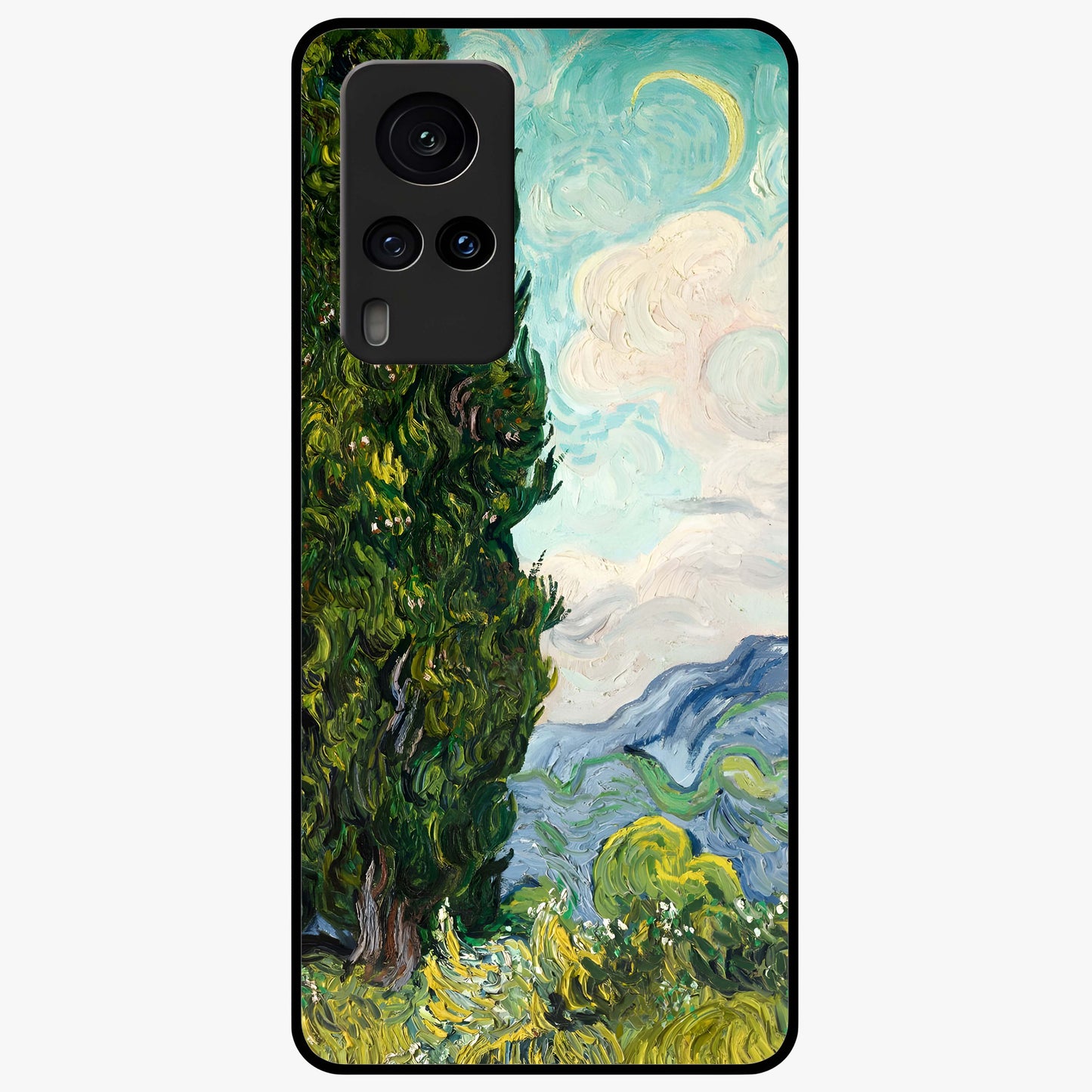 Van Gogh Vintage Art Glass Case showing flat back view with vintage painterly artwork inspired by Van Gogh style and glossy glass finish.