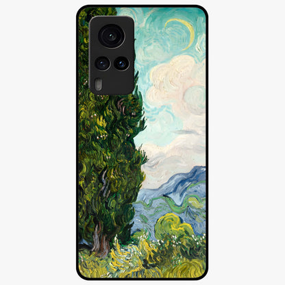 Van Gogh Vintage Art Glass Case showing flat back view with vintage painterly artwork inspired by Van Gogh style and glossy glass finish.