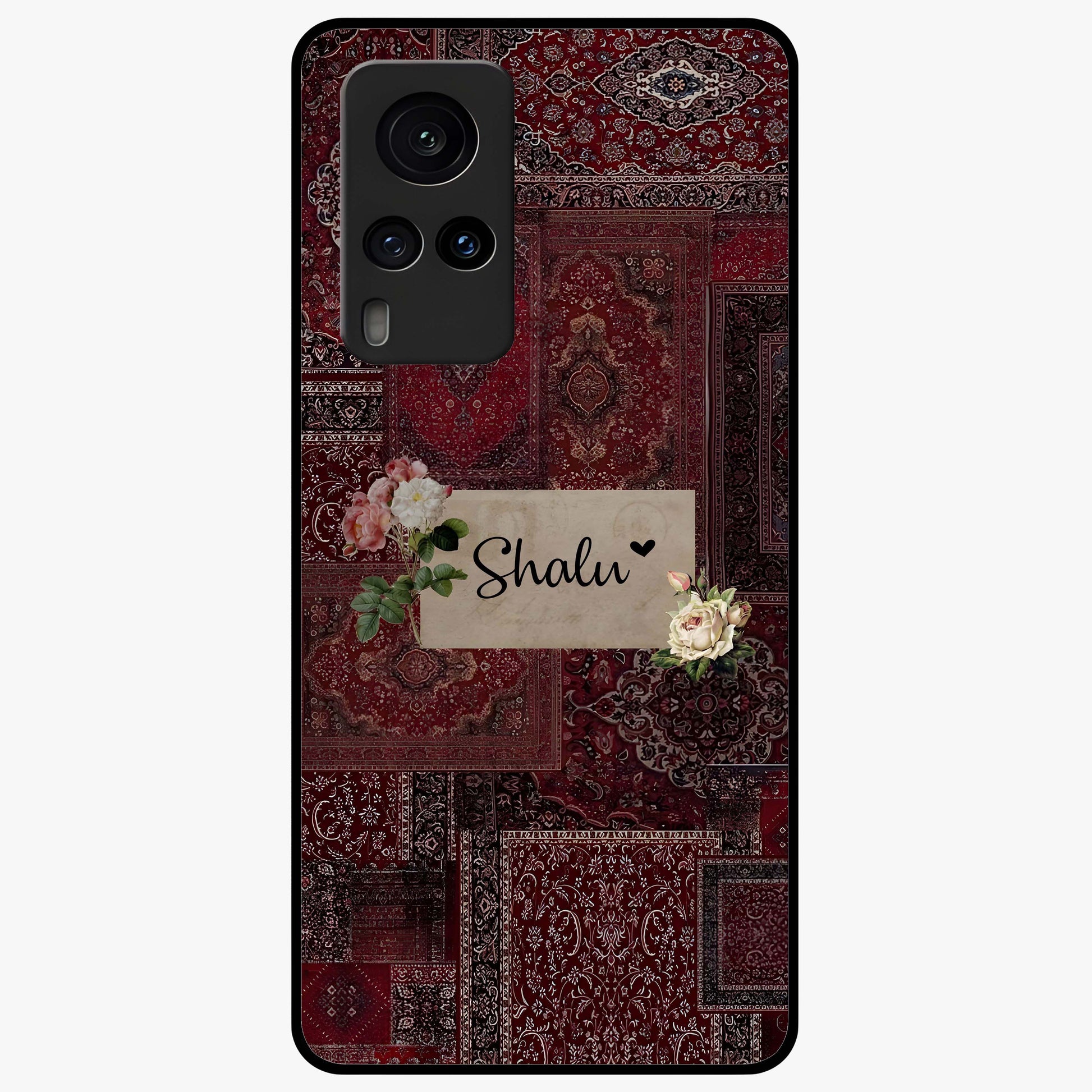 Velvet Wine Pattern Custom Name Glass Case showing flat back view with elegant wine colored pattern artwork and personalized name design.