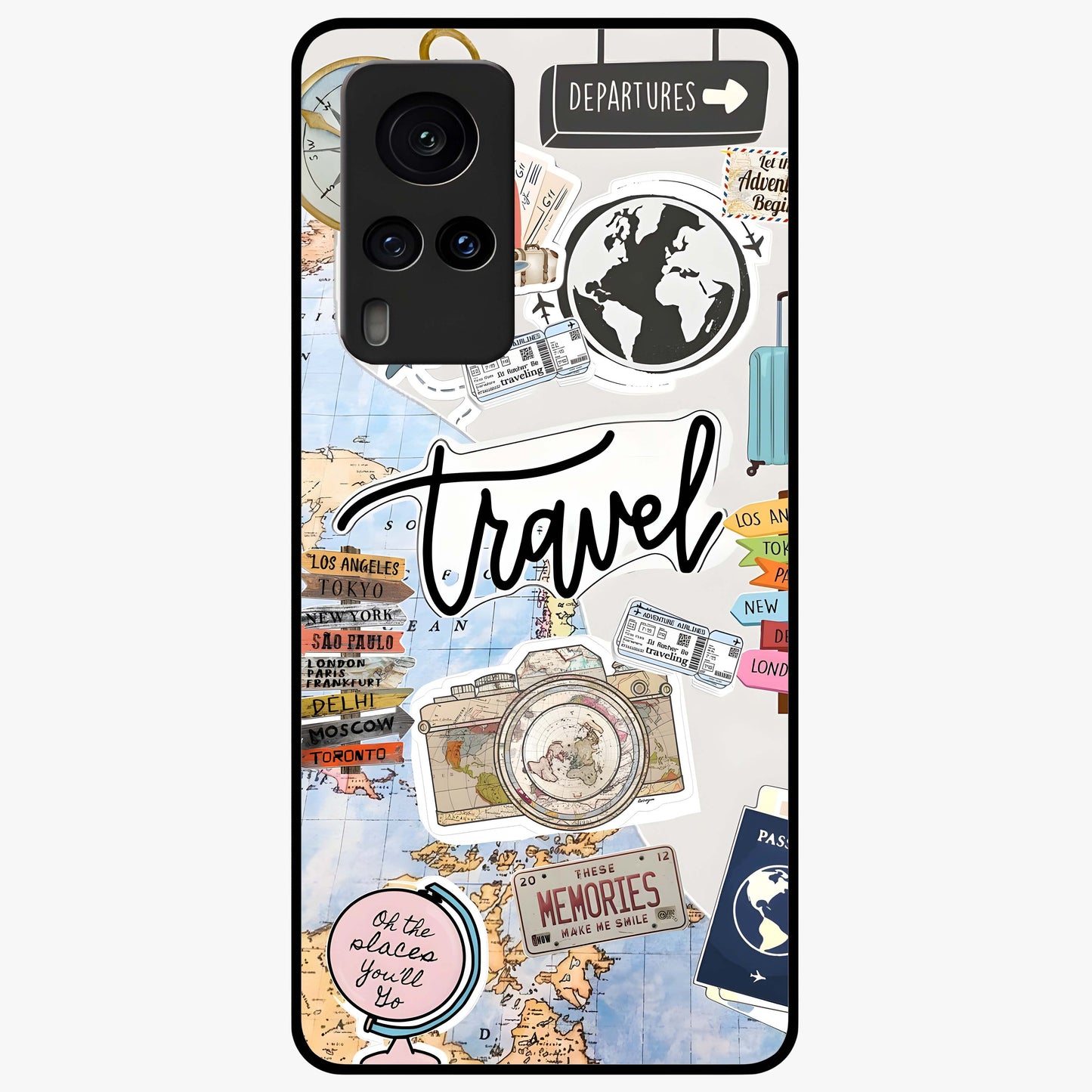 Wanderlust Journal Glass Case showing flat back view with travel inspired artwork and glossy glass finish.