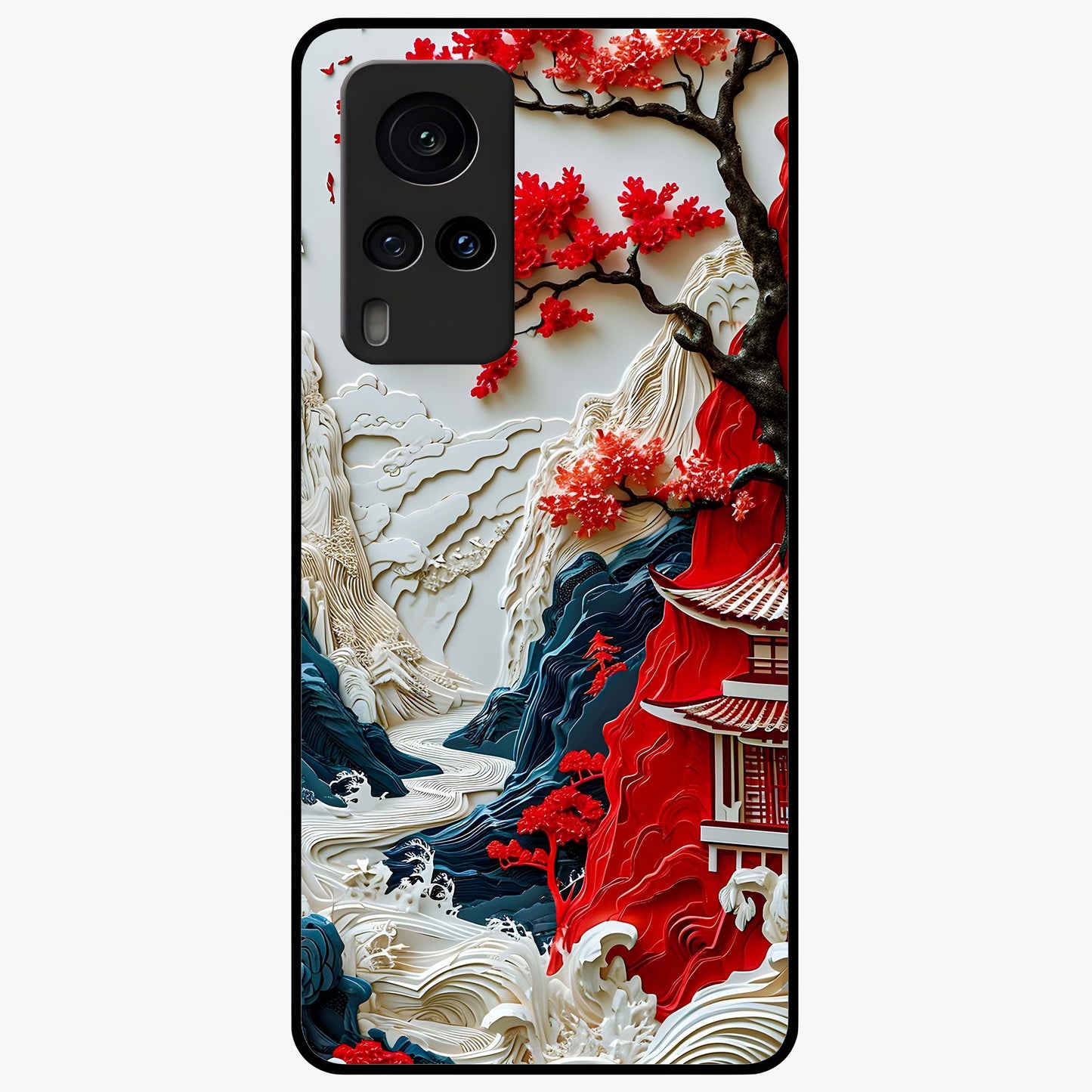 Whispers Of Sakura Waves Glass Case showing flat back view with cherry blossom wave artwork and glossy glass finish.