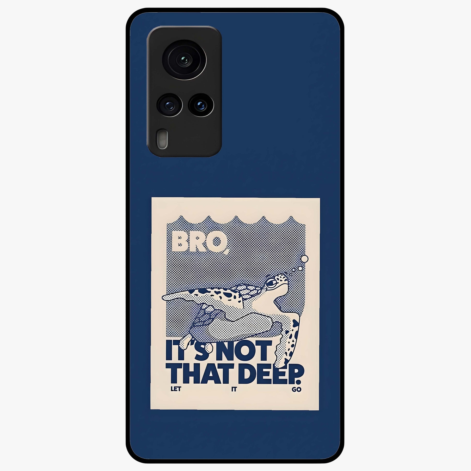 Worry Less Swim Glass Case showing flat back view with playful motivational artwork and glossy glass finish.