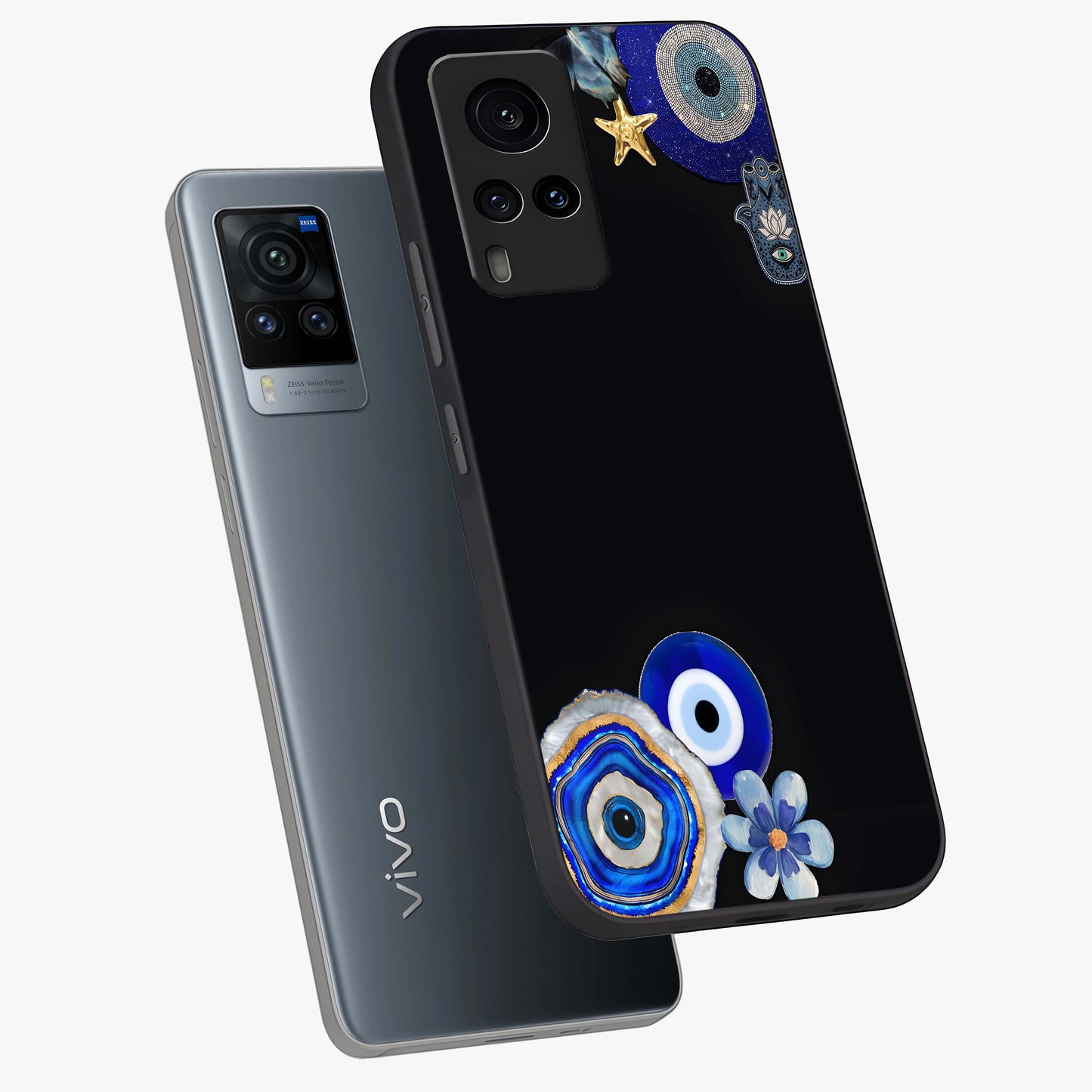 Aesthetic Blue Evil Eye Glass Case displayed in angled mockup highlighting blue evil eye symbol and spiritual aesthetic design.