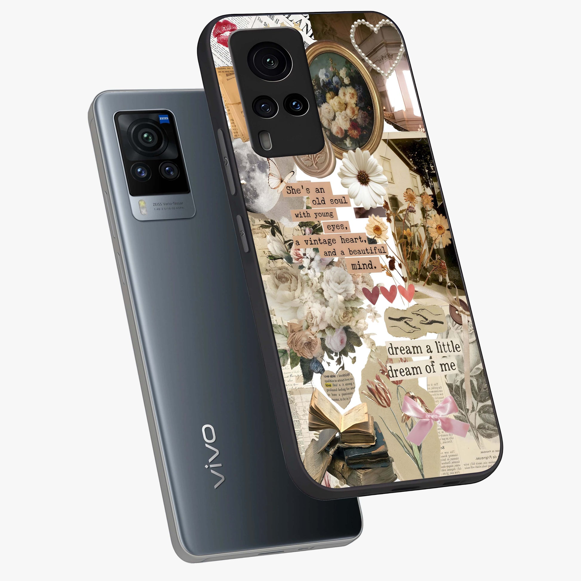 Aesthetic Brown Vintage Collage Glass Case displayed in angled mockup highlighting vintage aesthetic collage design.
