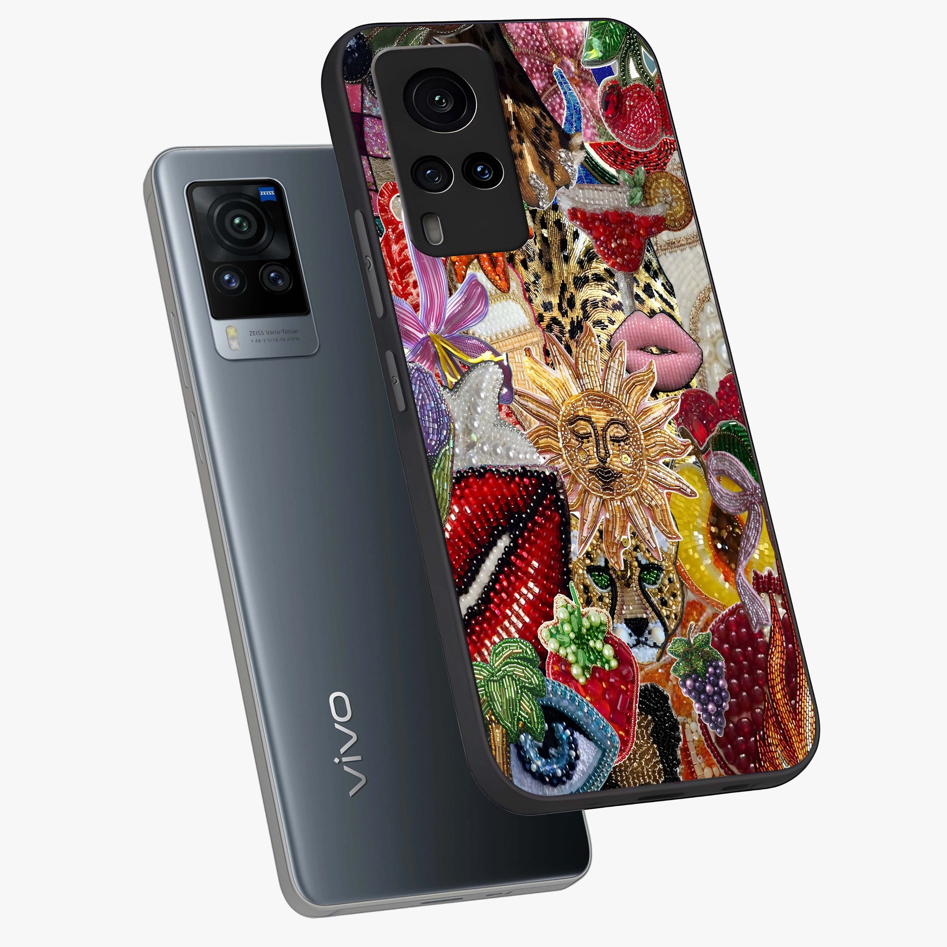 Beaded Fashion Jungle Glass Case displayed in angled mockup highlighting colorful fashion bead design and artistic pattern.