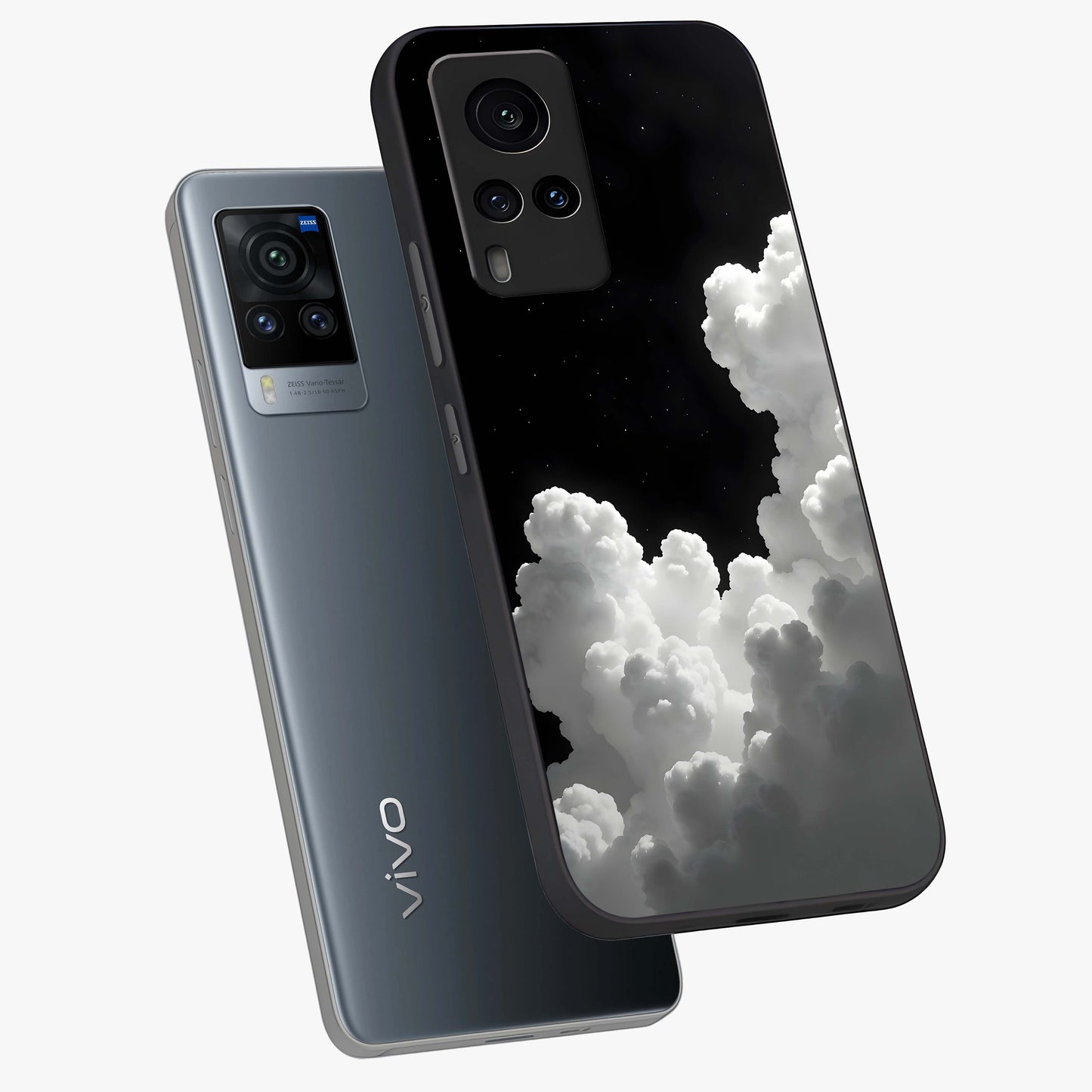 Black Background With White Cloud Glass Case displayed in angled mockup highlighting soft white cloud illustration and minimal design.
