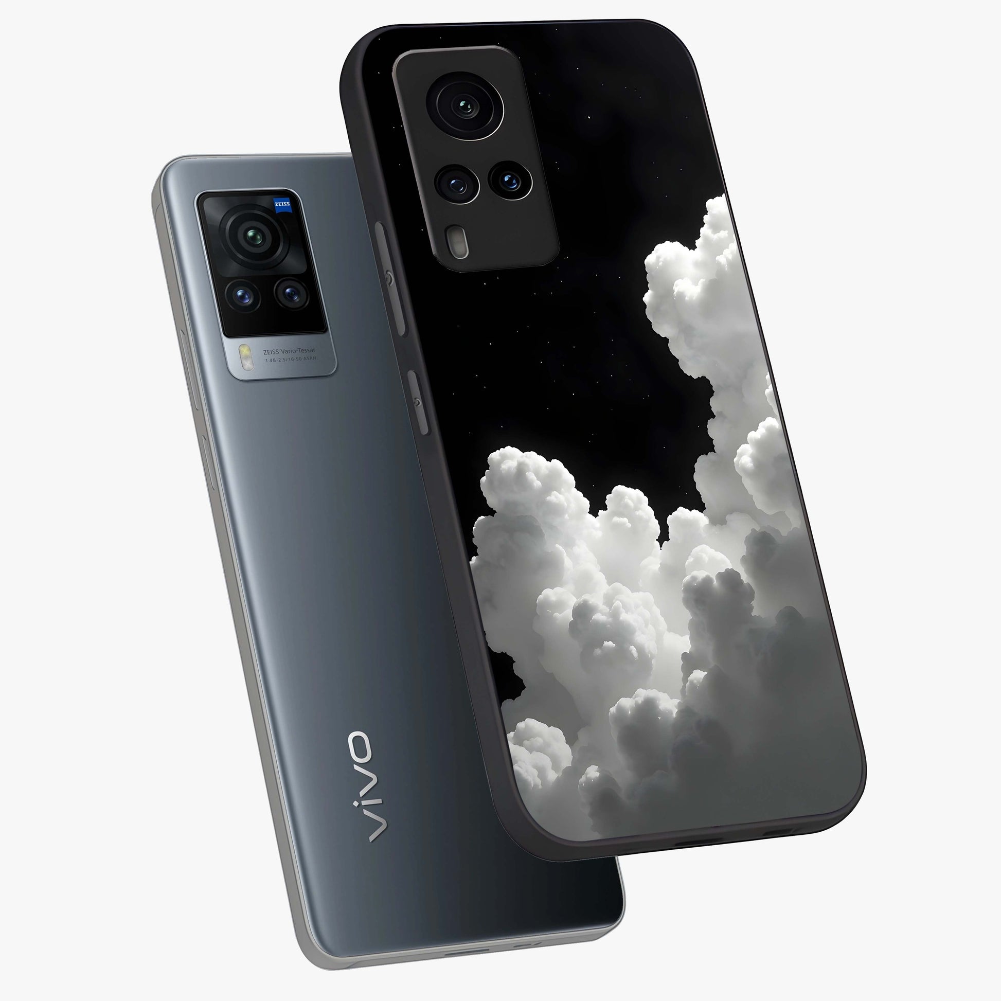 Black Background With White Cloud Glass Case displayed in angled mockup highlighting soft white cloud illustration and minimal design.