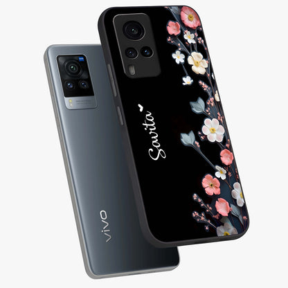 Black Elegance Floral Custom Name Glass Case displayed in angled mockup highlighting dark floral aesthetic and custom name feature.