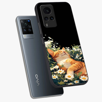 Blissful Bloom Cat Glass Case displayed in angled mockup highlighting playful feline illustration with soft floral aesthetic.