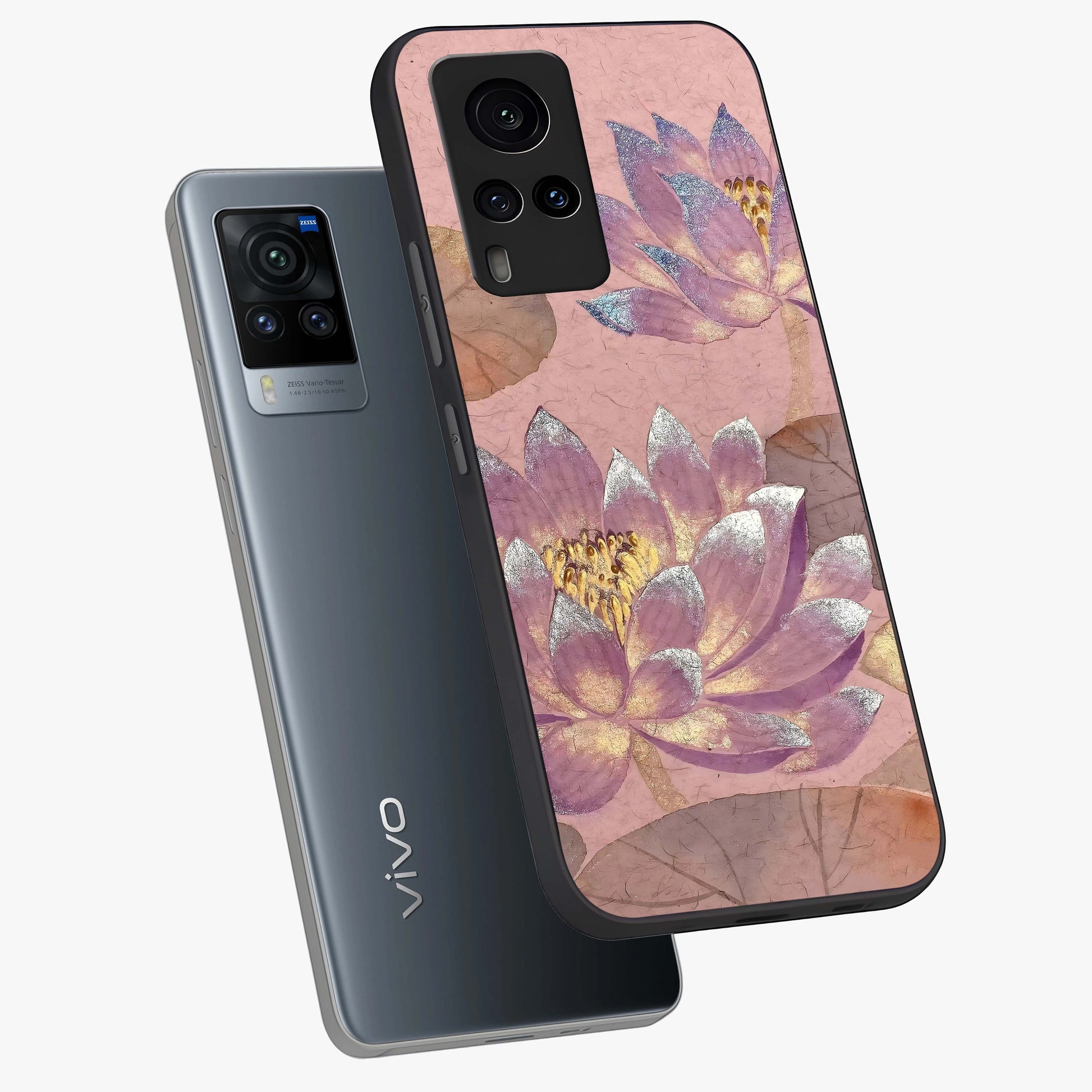 Blossom Mist Lotus Glass Case displayed in angled mockup highlighting delicate lotus illustration with calm aesthetic theme.