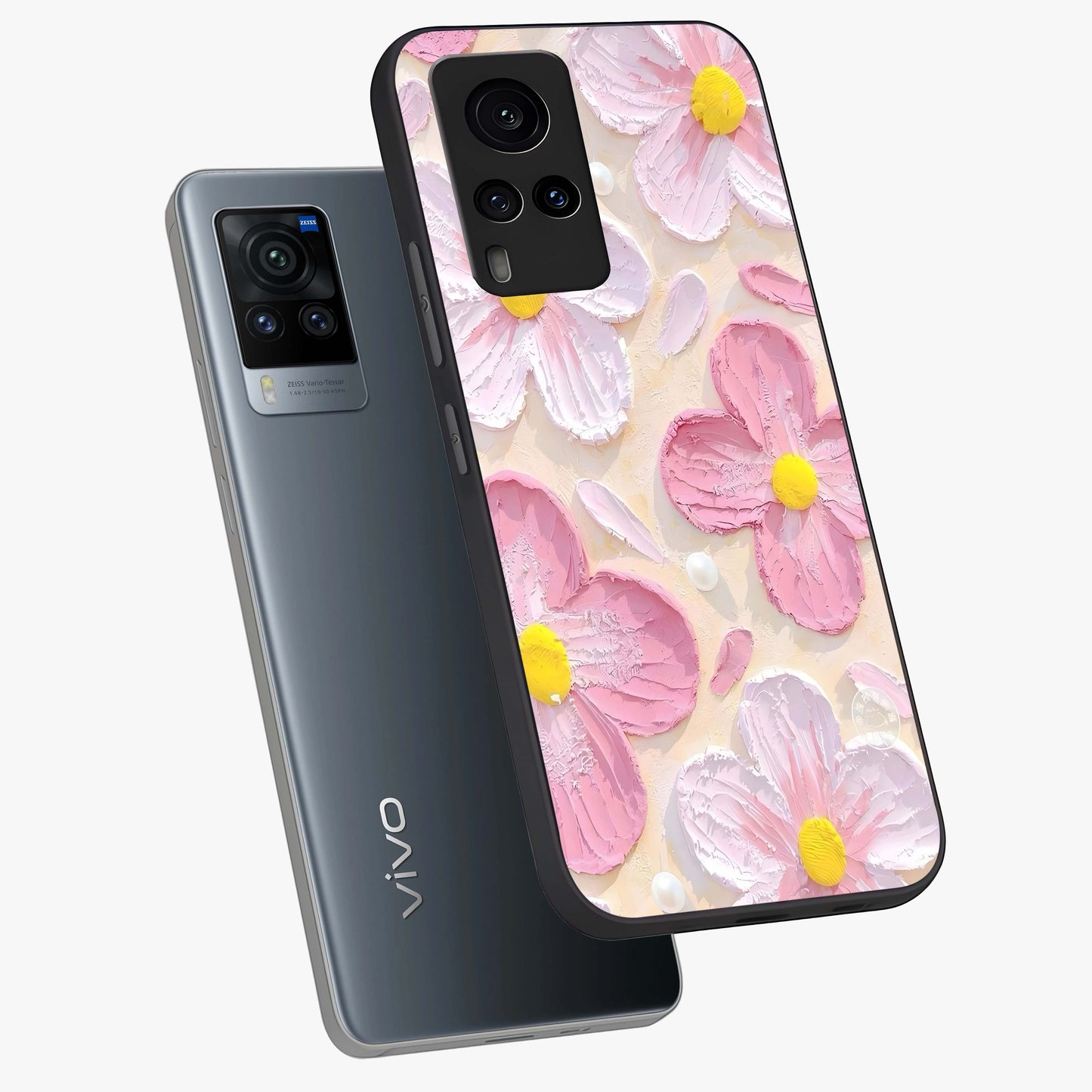 Blush Bloom Texture Glass Case displayed in angled mockup highlighting subtle bloom pattern with aesthetic pastel design.