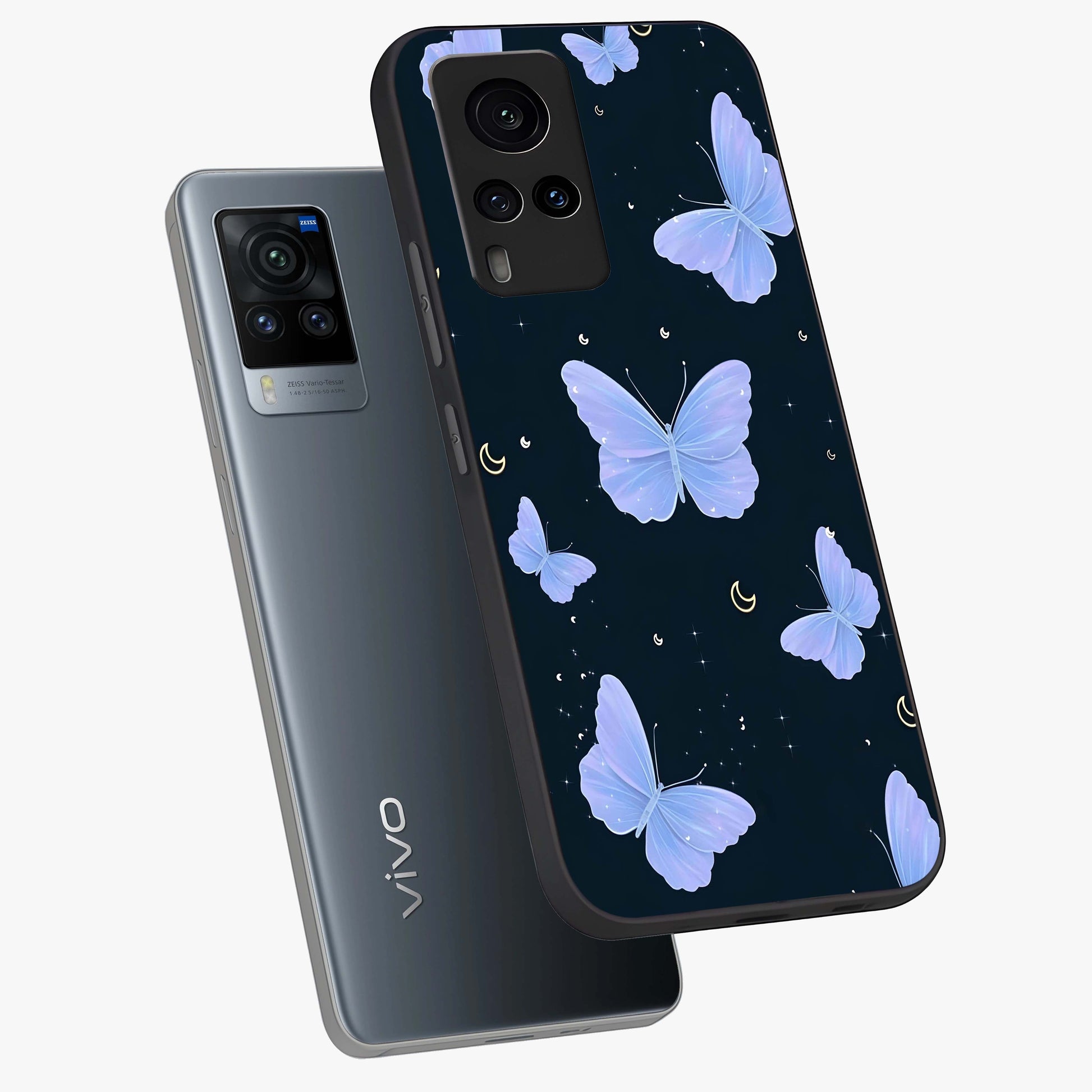 Butterfly With Stars Pattern Glass Case displayed in angled mockup highlighting dreamy butterfly and star design with aesthetic theme.
