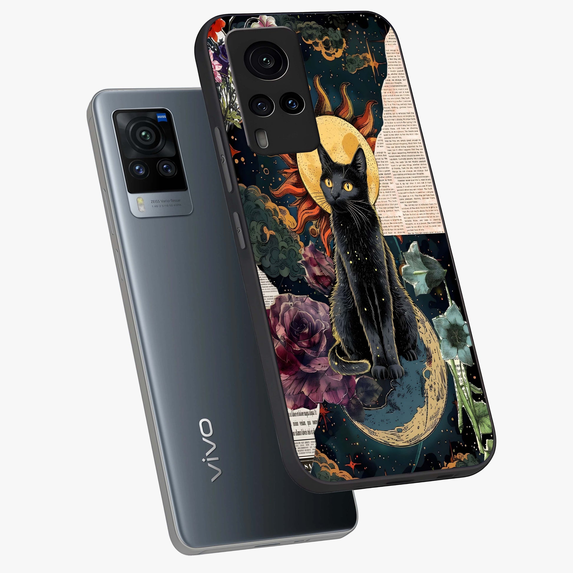Celestial Black Cat Glass Case displayed in angled mockup highlighting cosmic black cat design with celestial aesthetic.