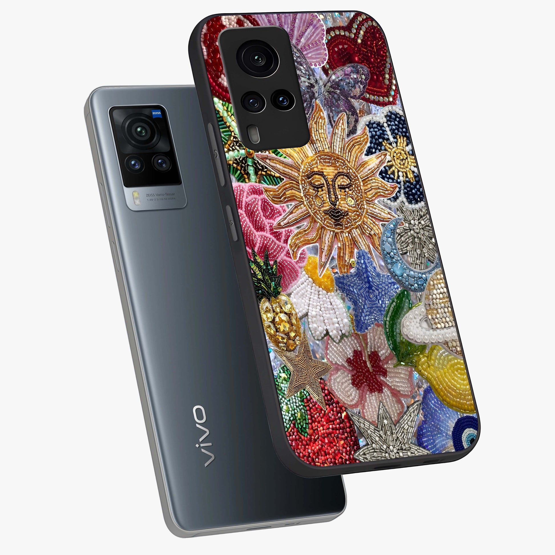 Celestial Floral and Playful Glass Case displayed in angled mockup highlighting playful floral design with dreamy celestial elements.